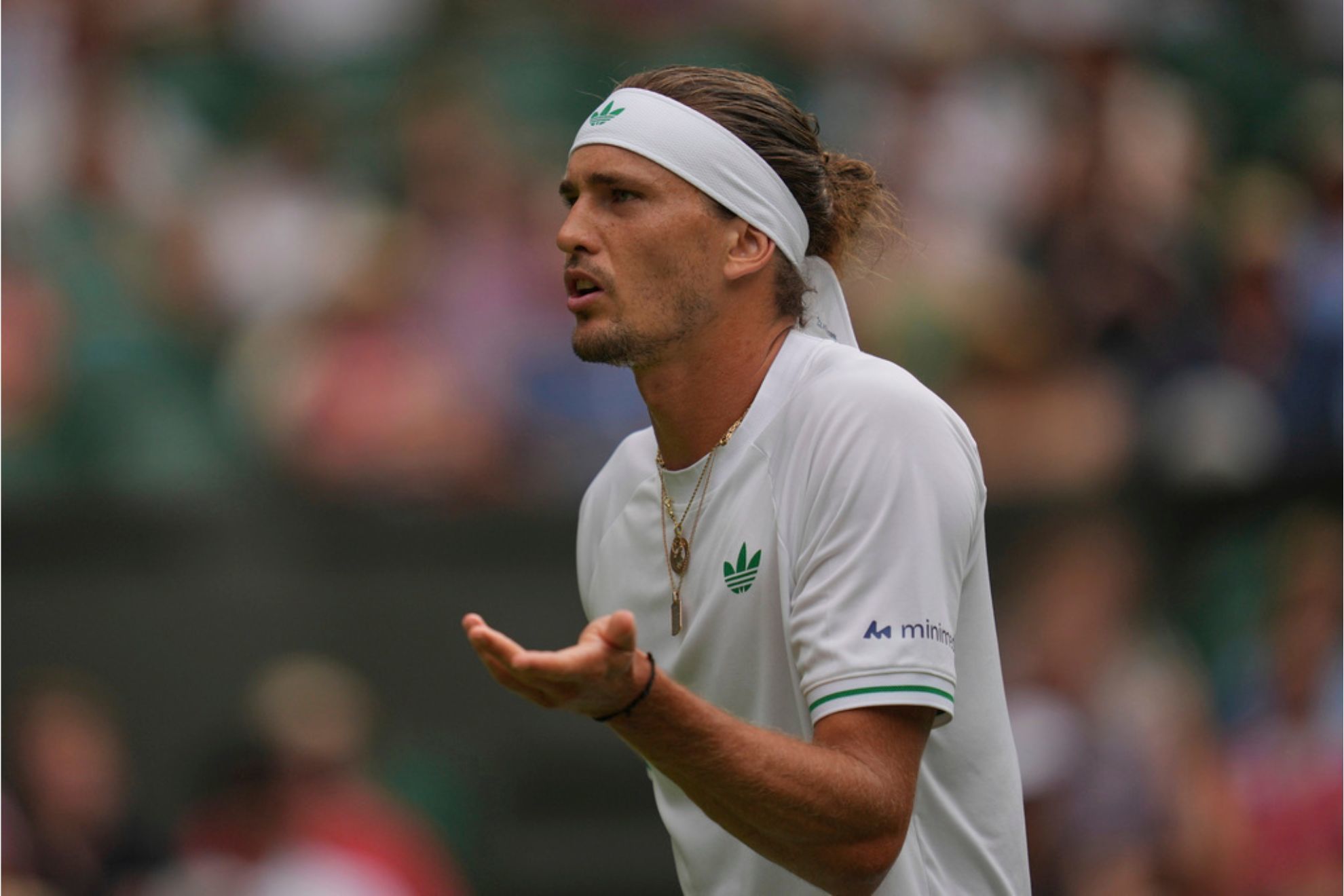 Alexander Zverev of Germany reacts as he plays Arthur Rinderknech of France during their first round mens singles match at the Wimbledon Tennis Championships