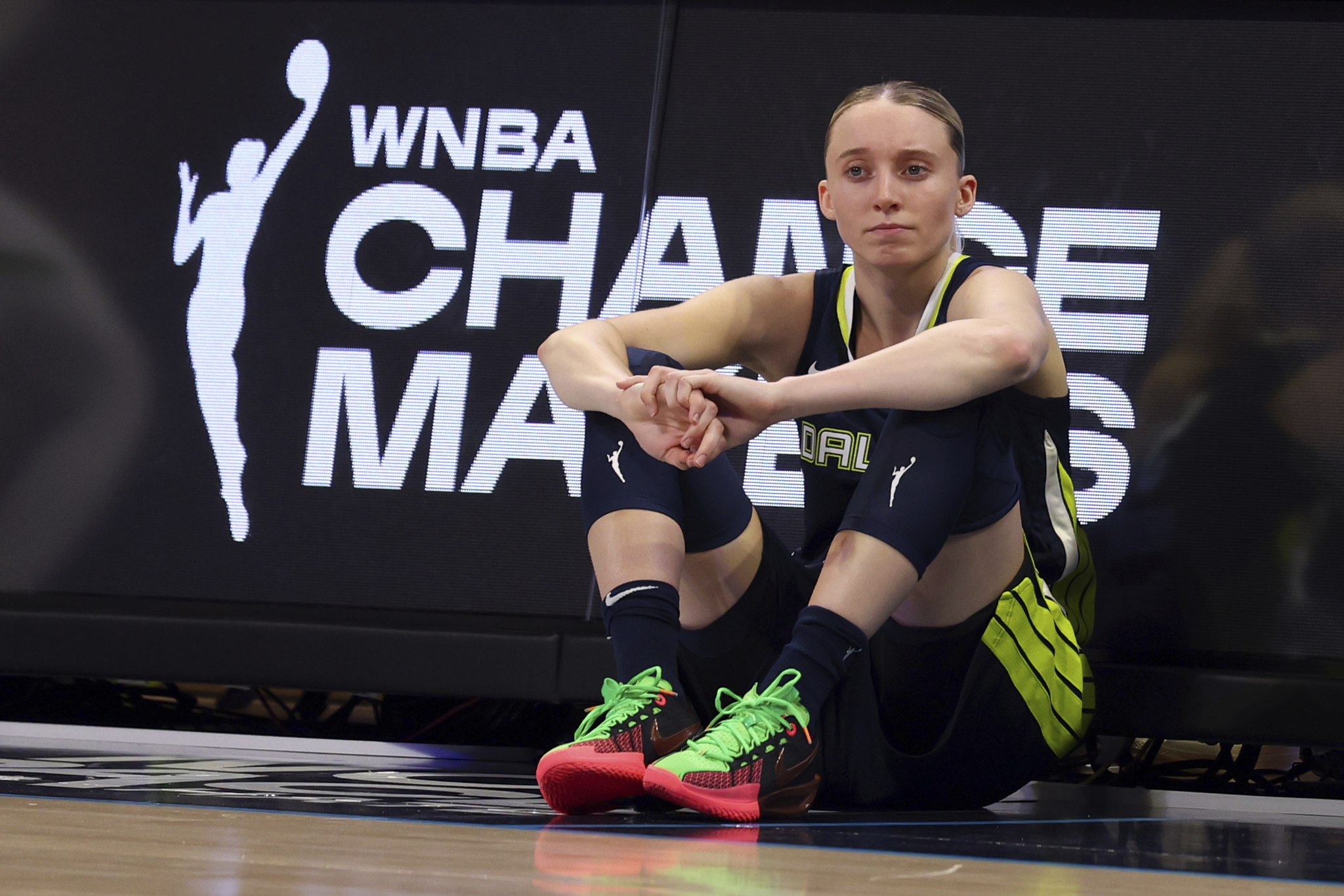 Dallas Wings guard Paige Bueckers (5) waits to enter the game against the Minnesota Lynx