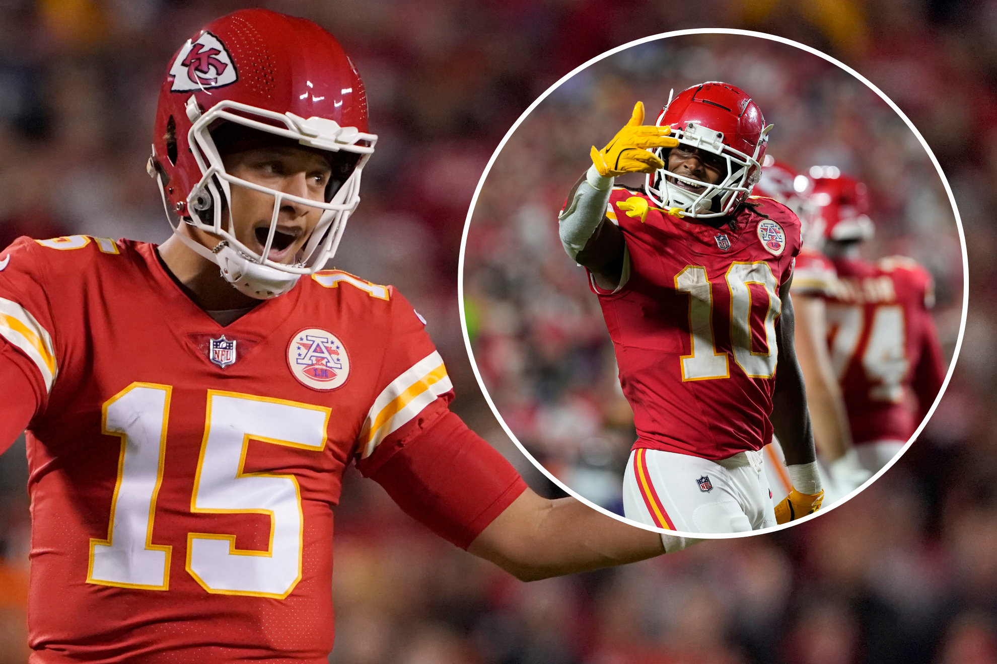 Isiah Pacheco alongside Patrick Mahomes, quarterback of the Kansas City Chiefs.