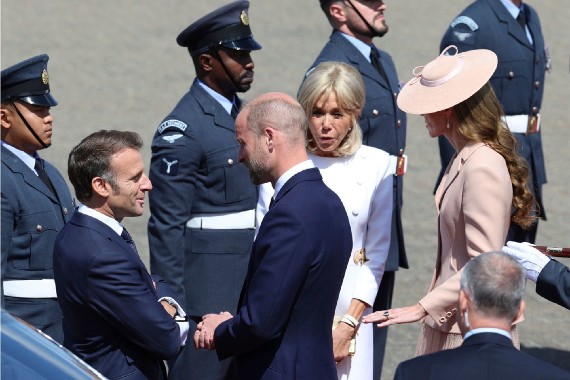Frances President Emmanuel Macron and his wife Brigitte Macron are greeted by Britains Prince William and Kate at RAF Northolt, west of London, Tuesday July 8, 2025