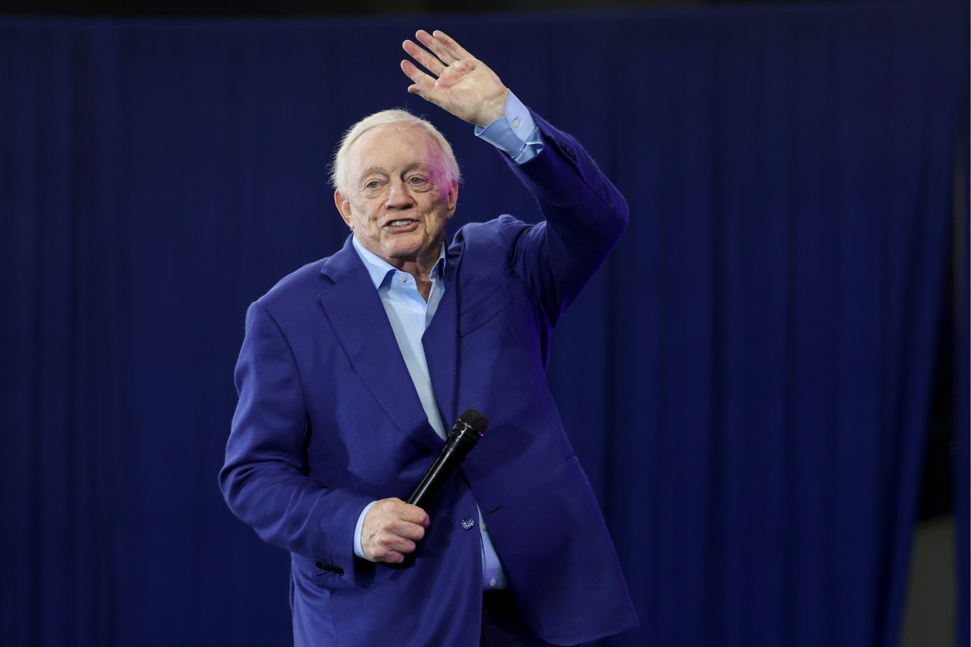 Dallas Cowboys owner Jerry Jones speaks during an NFL football draft party in Frisco