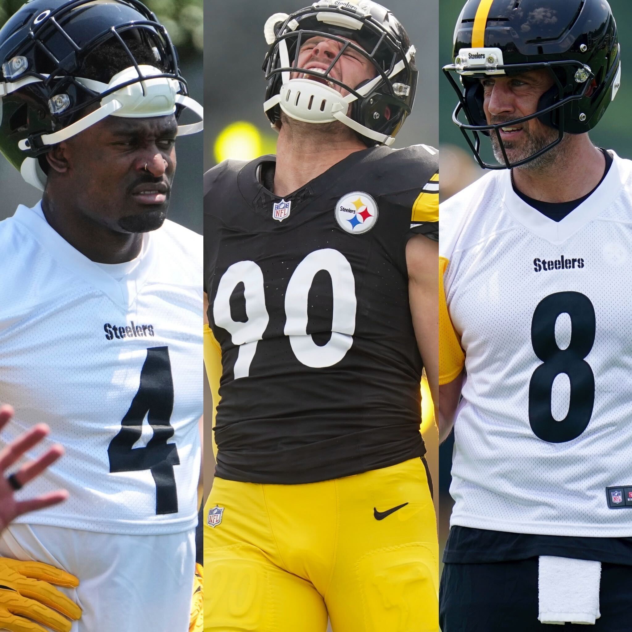 Steelers players WR DK Metcalf (left) LB T.J. Watt (center) and QB Aaron Rodgers (right)