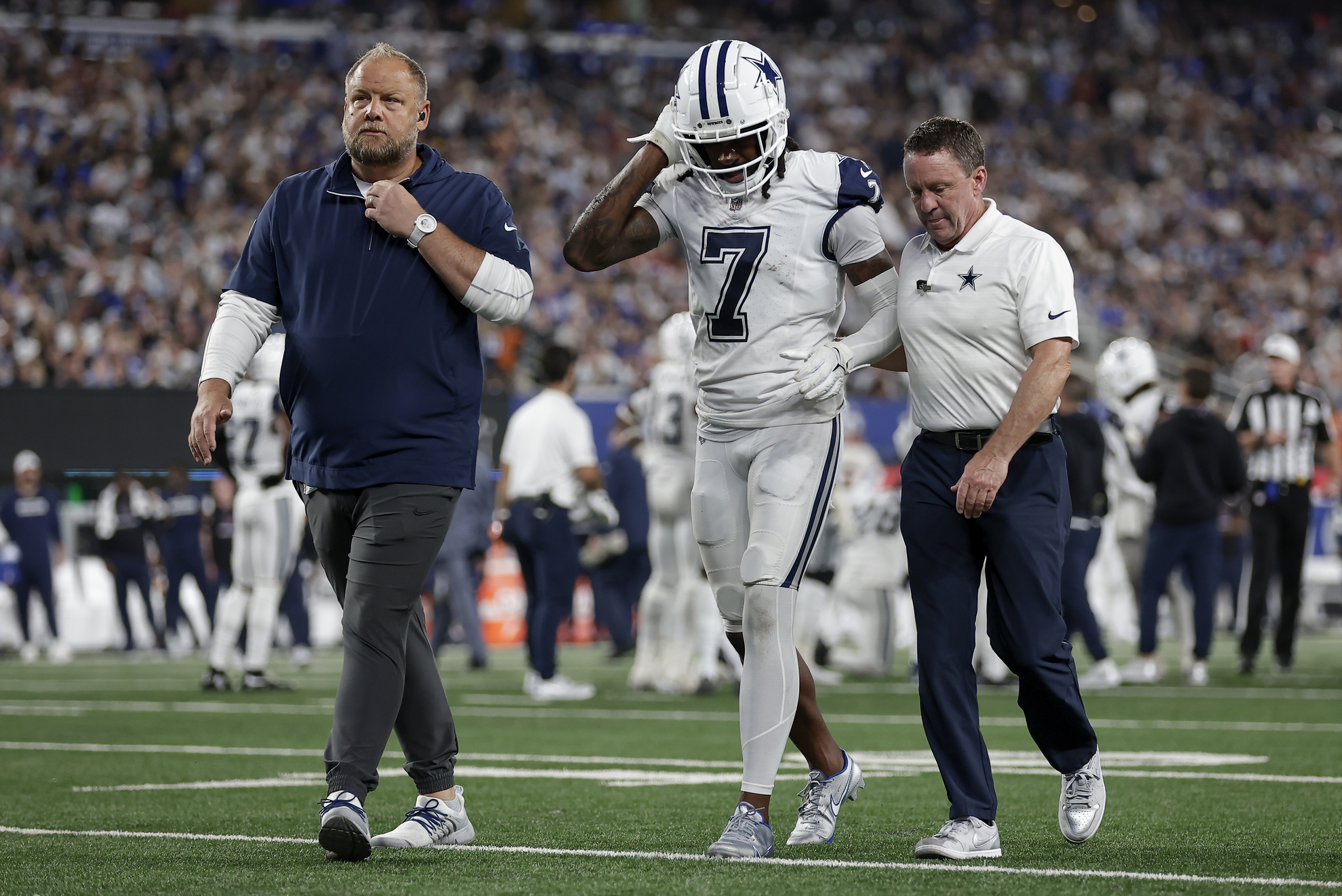 Dallas Cowboys cornerback Trevon Diggs (7) walks off the field