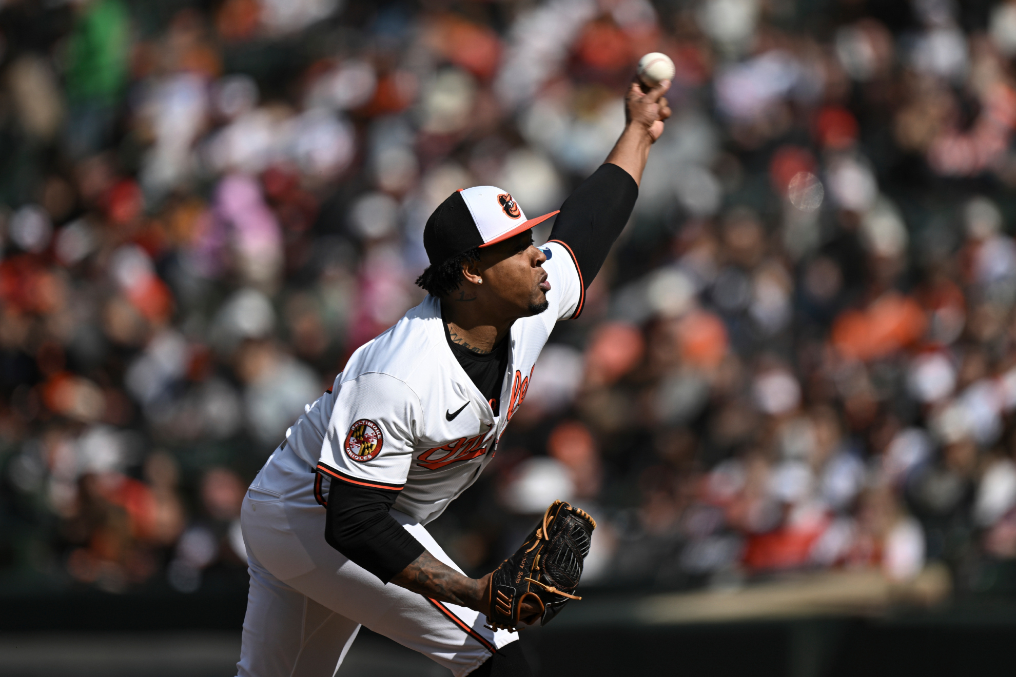 Baltimore Orioles pitcher Gregory Soto throws during the eighth inning of a baseball game against the Toronto Blue Jays in Baltimore, Sunday, April 13, 2025.