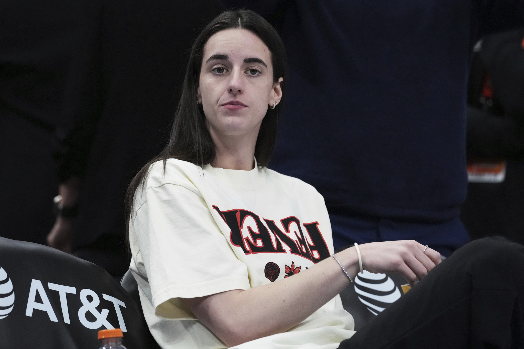Indiana Fever guard Caitlin Clark looks on before a WNBA basketball game against the Chicago Sky