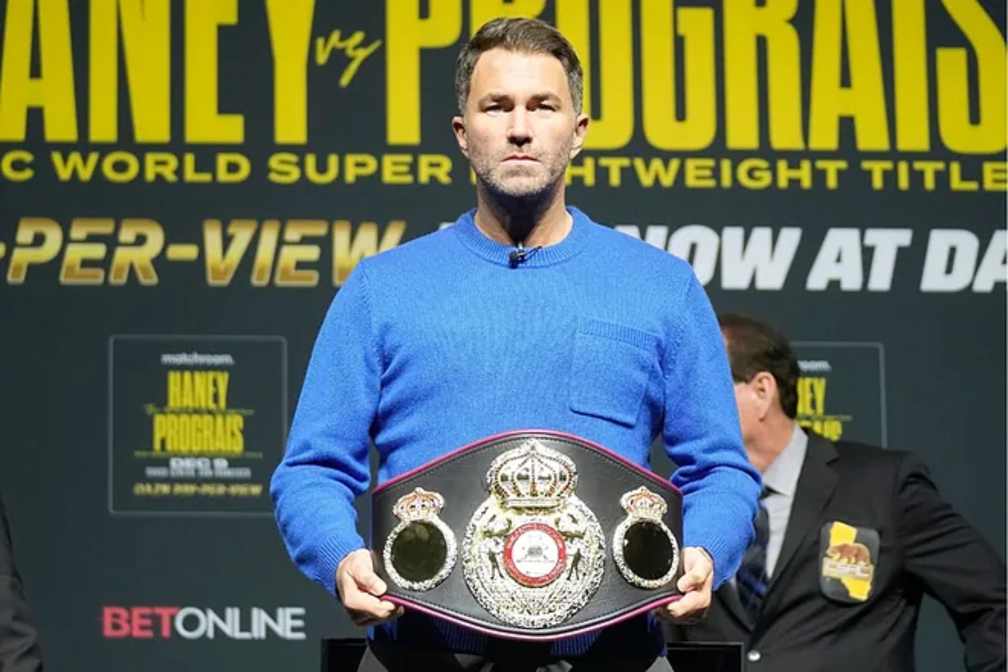 Promoter Eddie Hearn during the official weigh-in in San Francisco