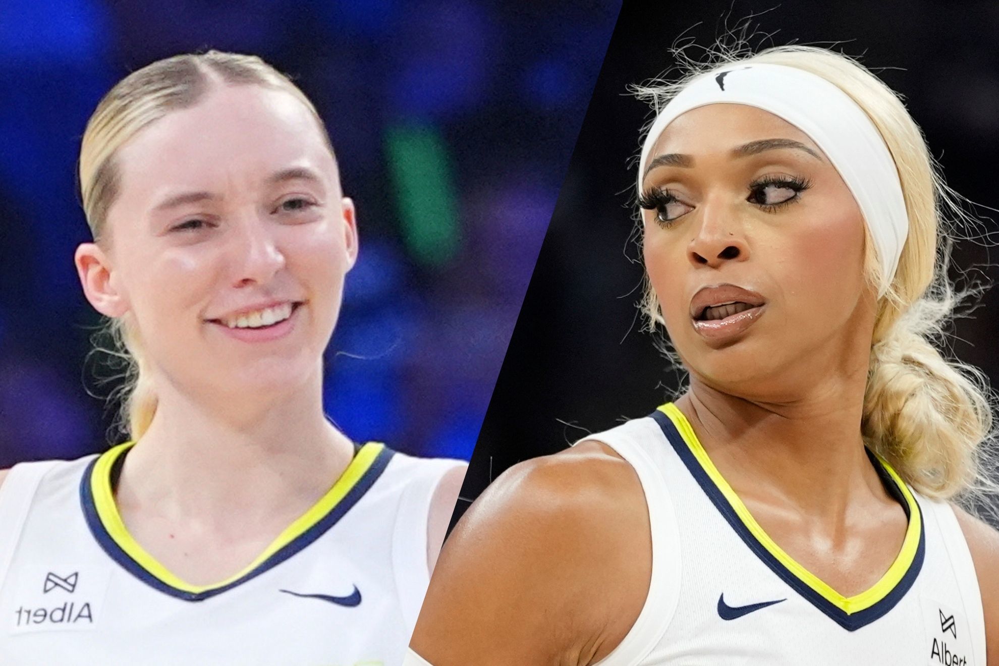 Paige Bueckers rips off her pants making sure DiJonai Carrington gets a front row seat to the show before tip-off