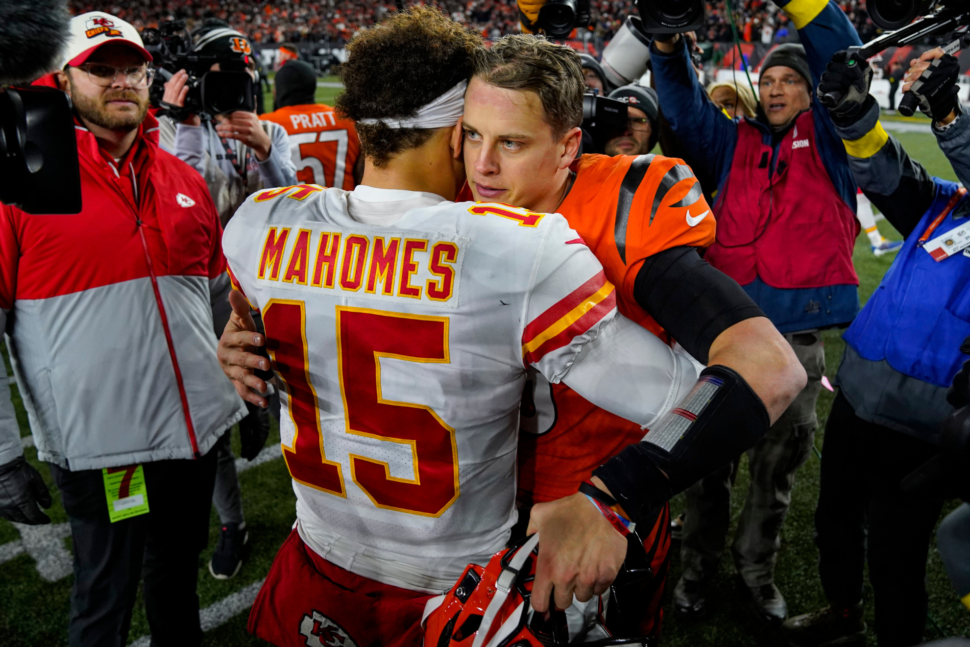 Patrick Mahomes hugs Joe Burrow after a 2022 NFL regular season game between the Kansas City Chiefs and Cincinnati Bengals.