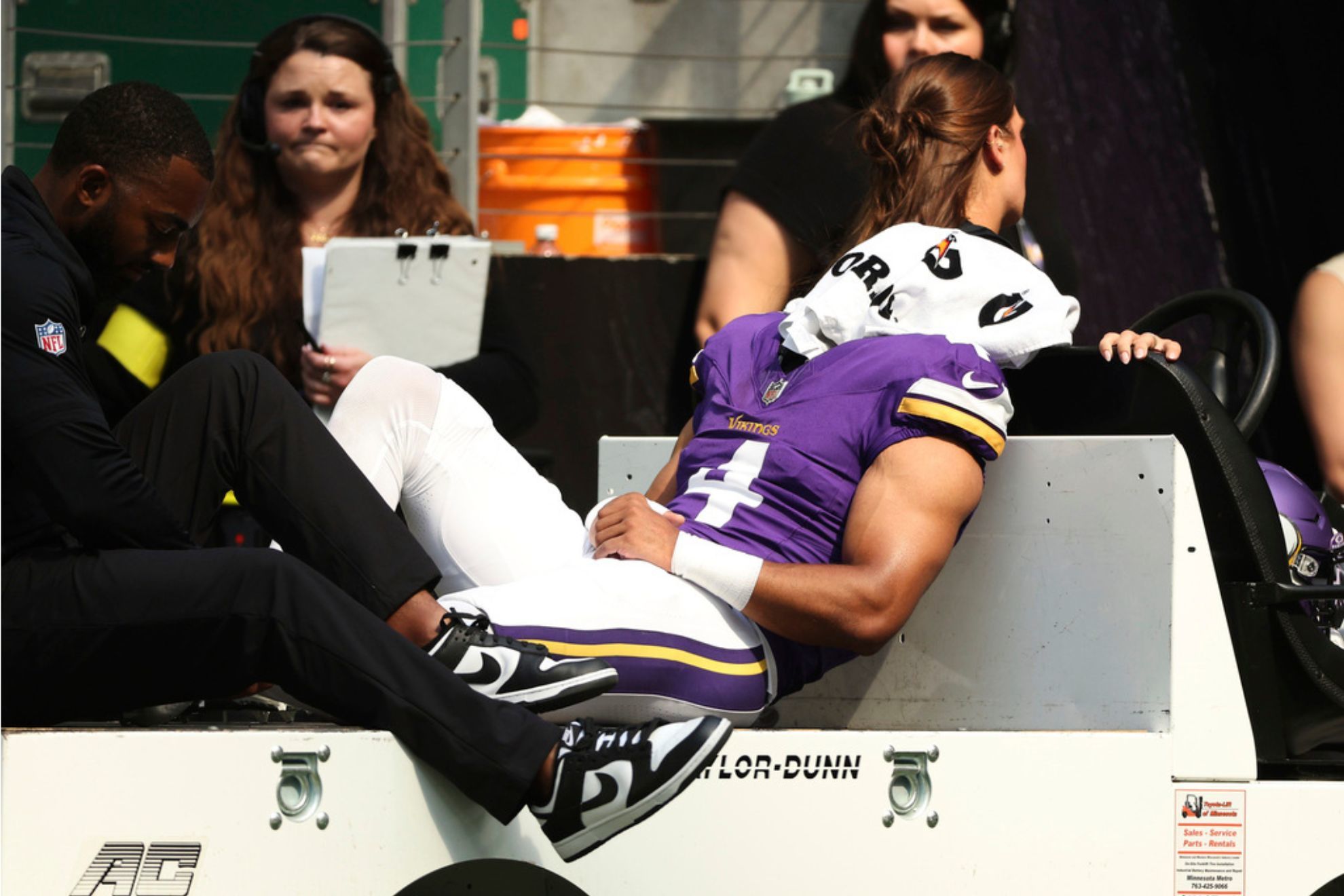 Minnesota Vikings wide receiver Rondale Moore leaves the field after an injury during the first half of an NFL preseason football game