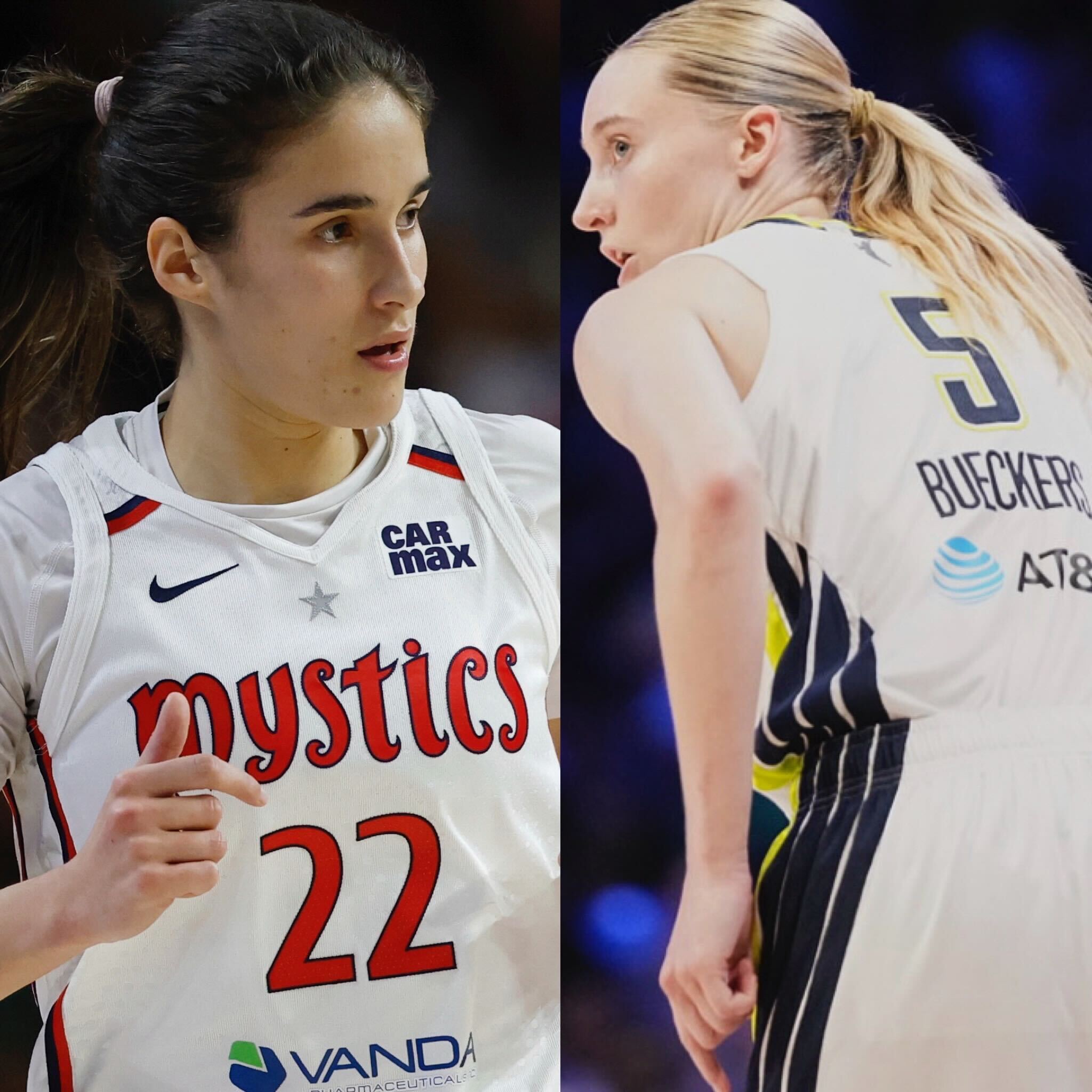 Mystics guard Sonia Citron (left) runs up the court during a WNBA basketball and Wings Paige Bueckers (5) jogs downcourt during a WNBA basketball game