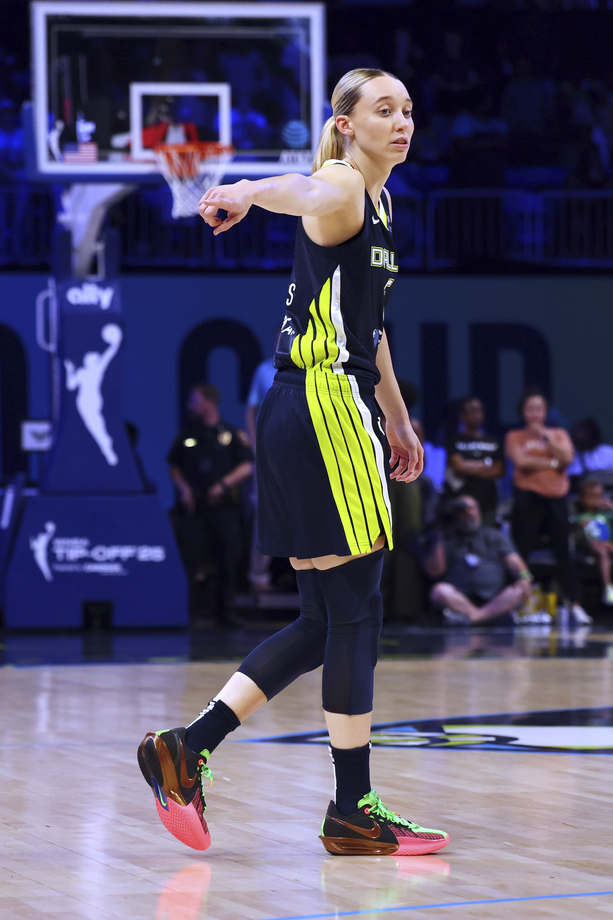Dallas Wings guard Paige Bueckers gestures against the Minnesota Lynx in a WNBA basketball game