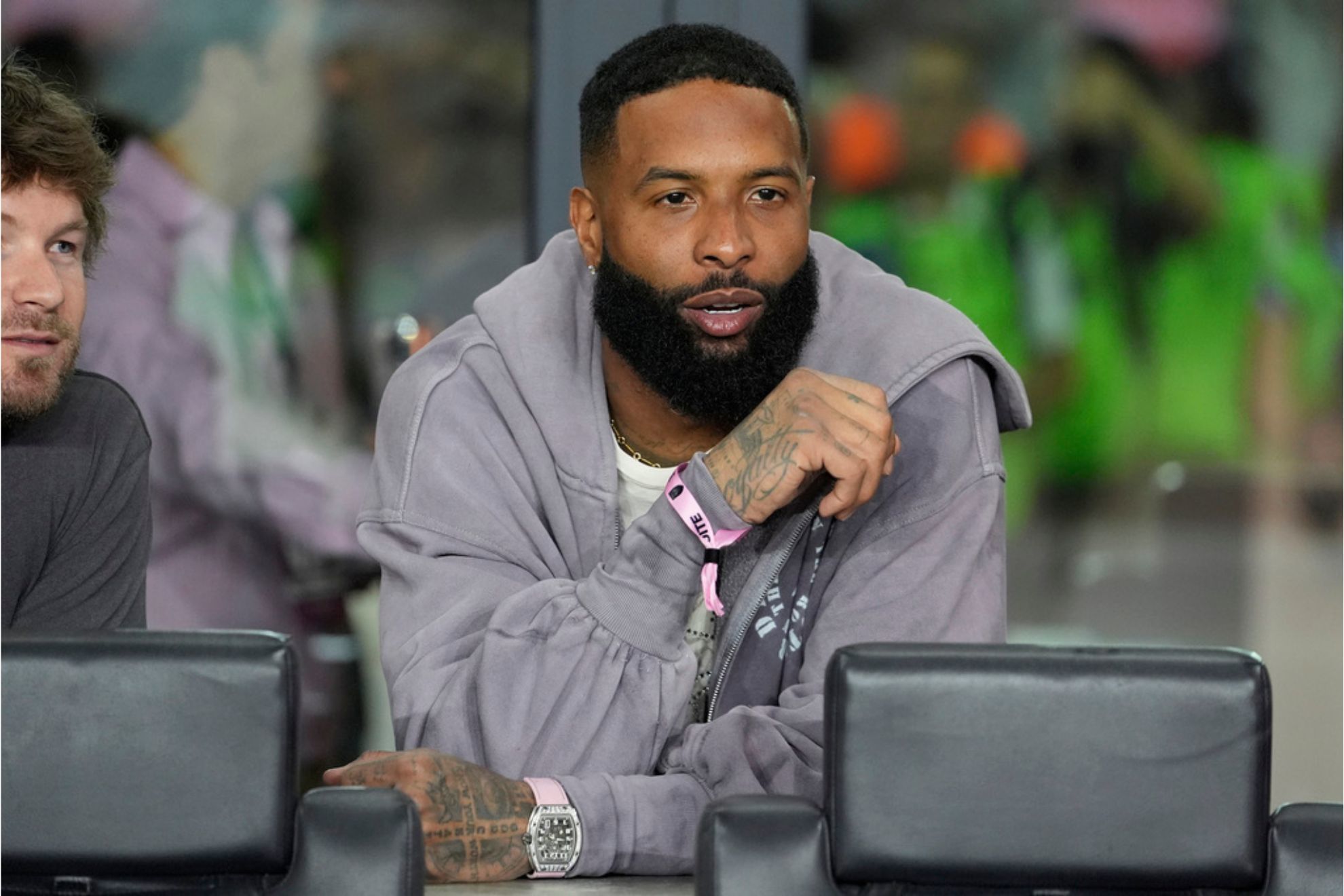 Miami Dolphins wide receiver Odell Beckham Jr. watches the first half of an MLS playoff soccer match between Inter Miami and Atlanta United