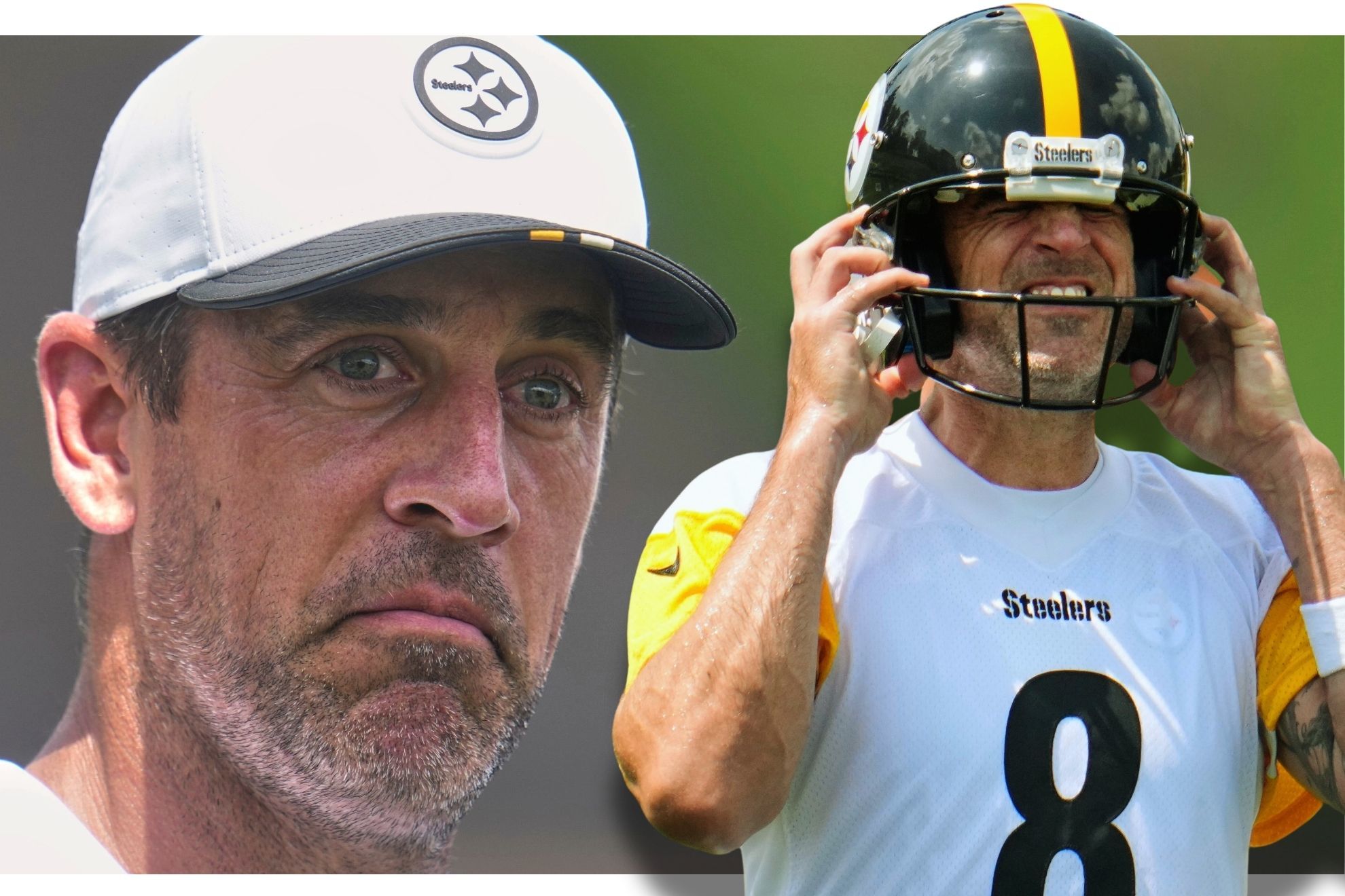 Pittsburgh Steelers quarterback Aaron Rodgers grimaces during practice at the teams NFL football training camp in Latrobe