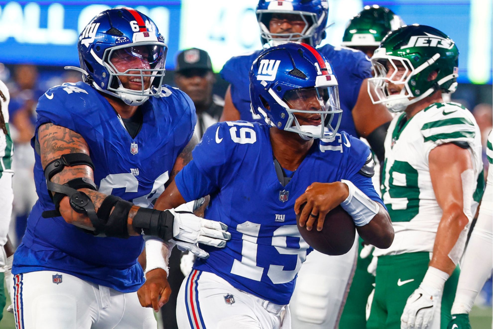 New York Giants quarterback Jameis Winston reacts after scoring a touchdown against the New York Jets