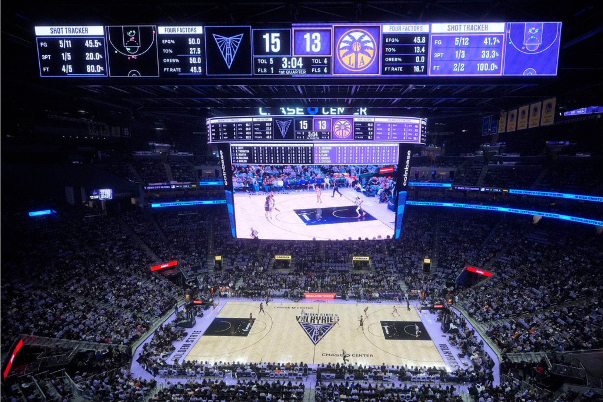 Fans at Chase Center watch during the first half of a WNBA basketball game between the Golden State Valkyries and the Los Angeles Sparks