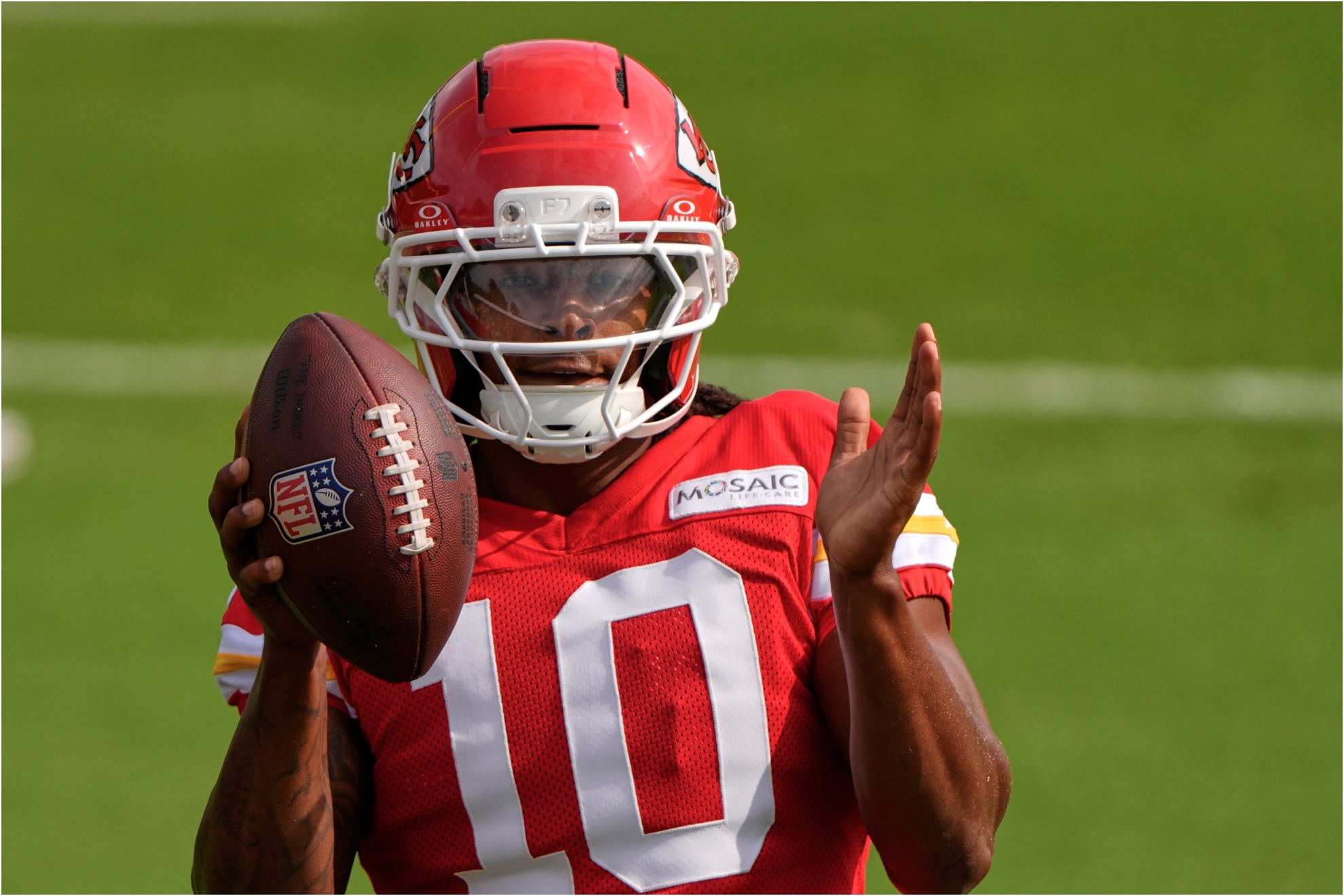 Kansas City Chiefs running back Isiah Pacheco participates in a drill at NFL football training camp.