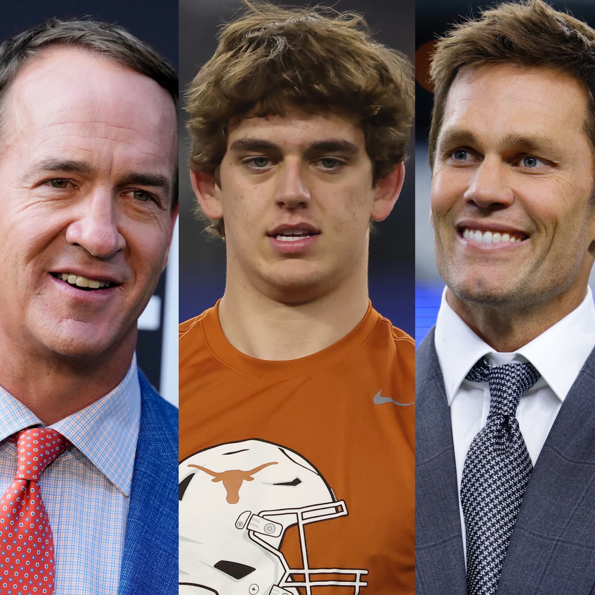From left to right: former NFL quarterback Peyton Manning; Texas quarterback Arch Manning; and former NFL quarterback and current NFL analyst Tom Brady
