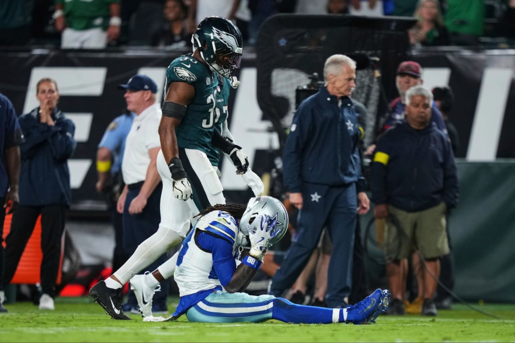 Dallas Cowboys wide receiver CeeDee Lamb (88) grips his helmet after he was unable to catch a pass late in the second half of an NFL football game against the Philadelphia Eagles
