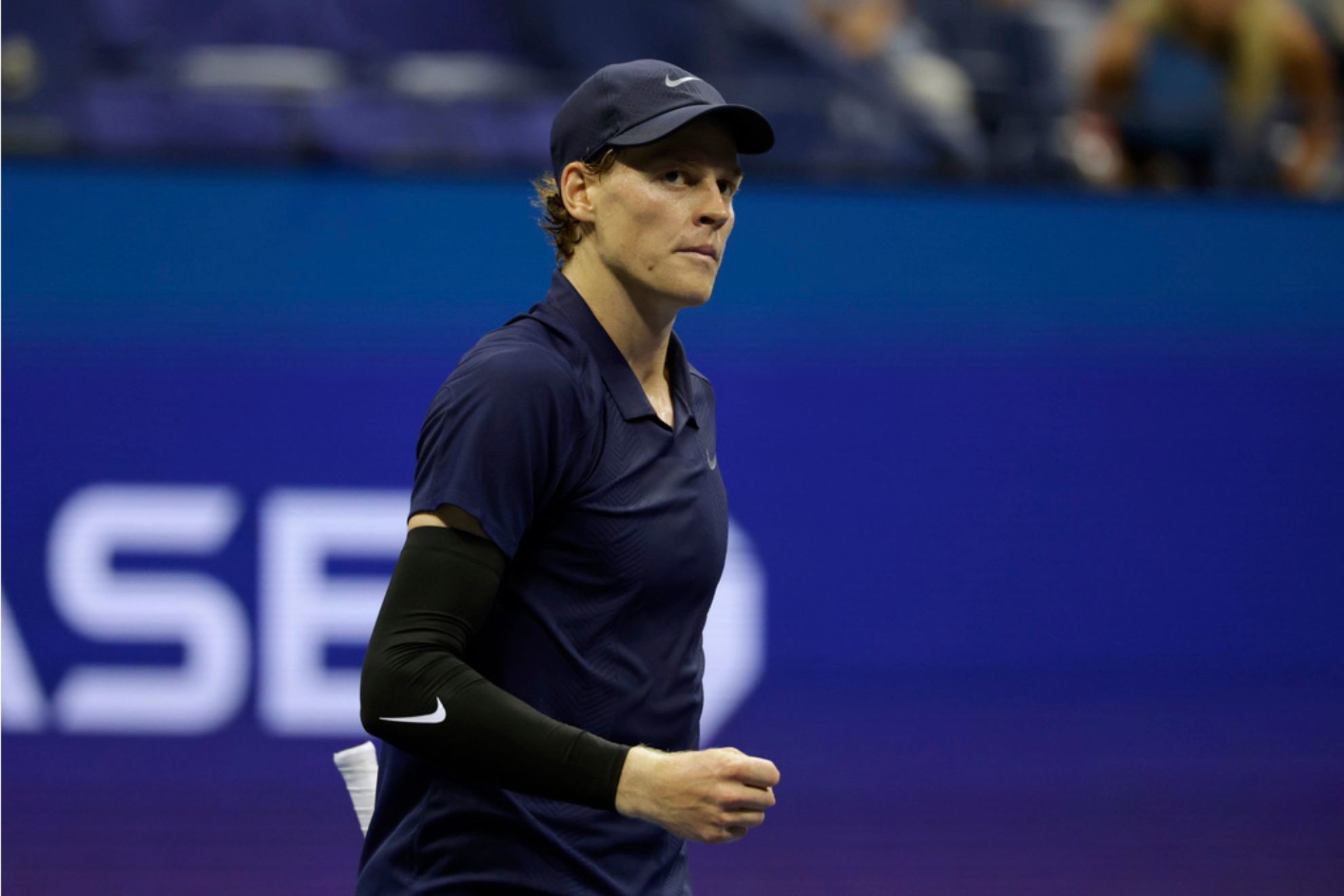 Jannik Sinner reacts after defeating Lorenzo Musetti during the quarterfinal round of the U.S. Open tennis championships