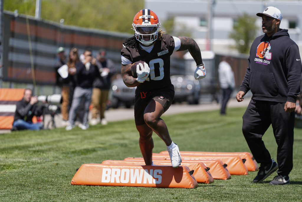 Cleveland Browns running back Quinshon Judkins participates in a drill during the NFL football team's rookie minicamp in Berea, Ohio, Friday, May 9, 2025.