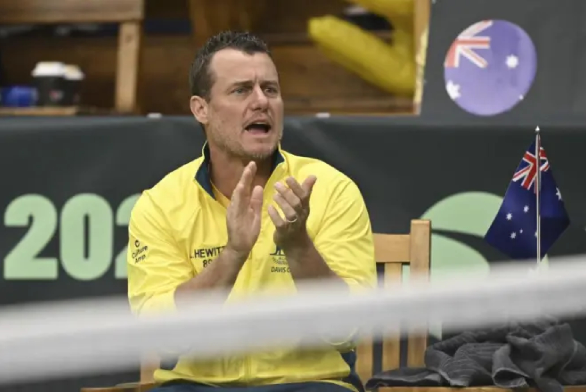 Lleyton Hewitt, on the bench for the Australian Davis Cup team.