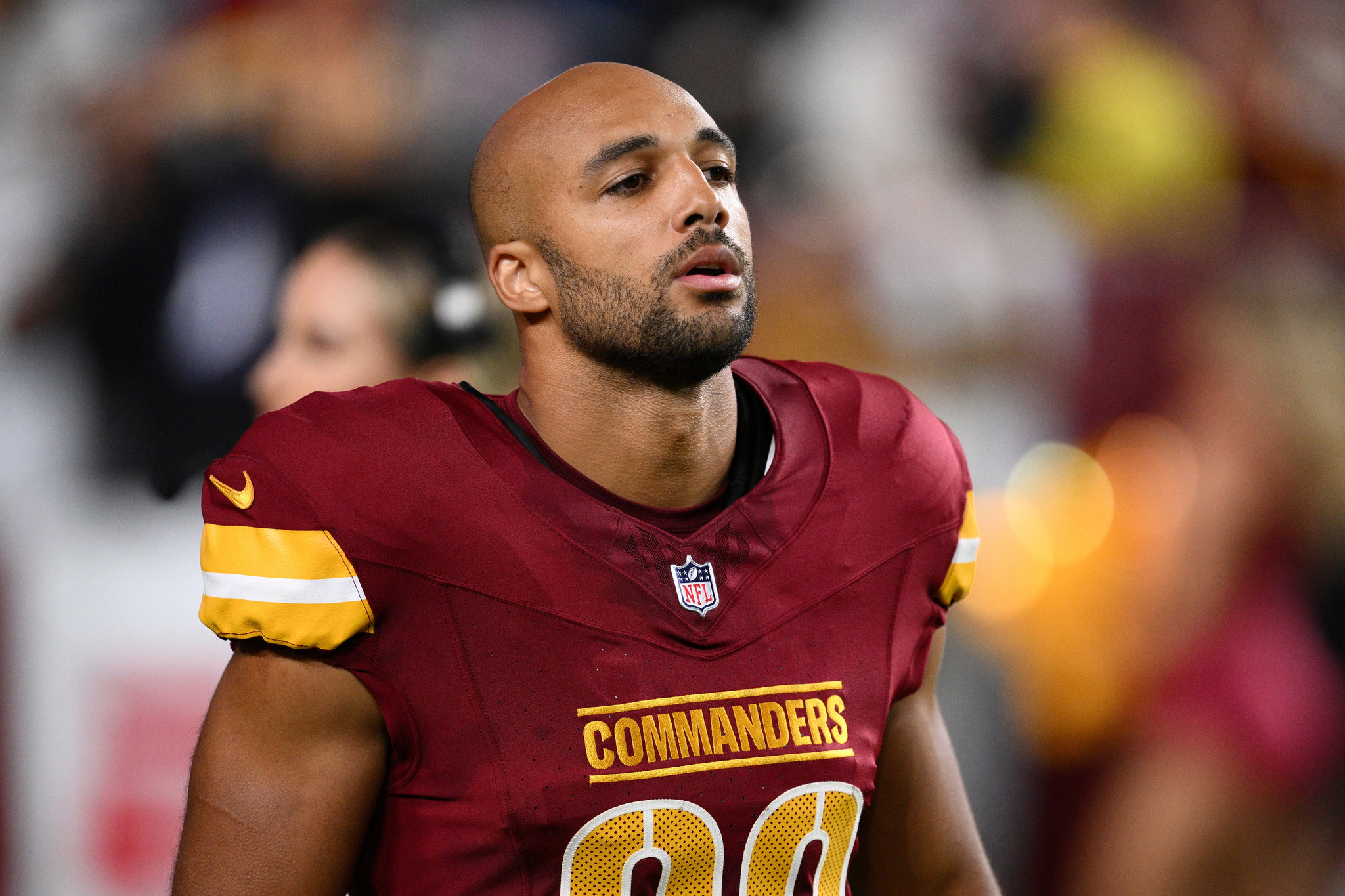 Washington Commanders running back Austin Ekeler (30) looks on before an NFL preseason football game against the Cincinnati Bengals, Monday, Aug. 18, 2025, in Landover, Md. (AP Photo/Nick Wass, file)