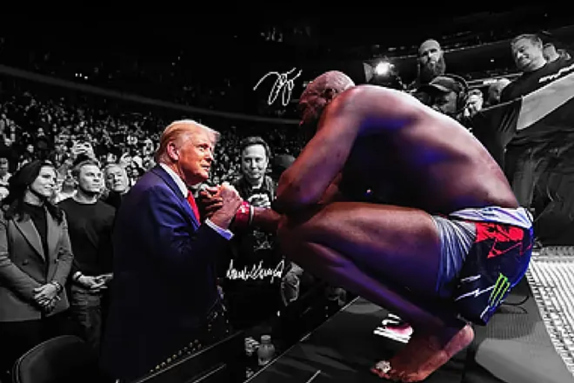 Jones handing over the championship belt to Donald Trump