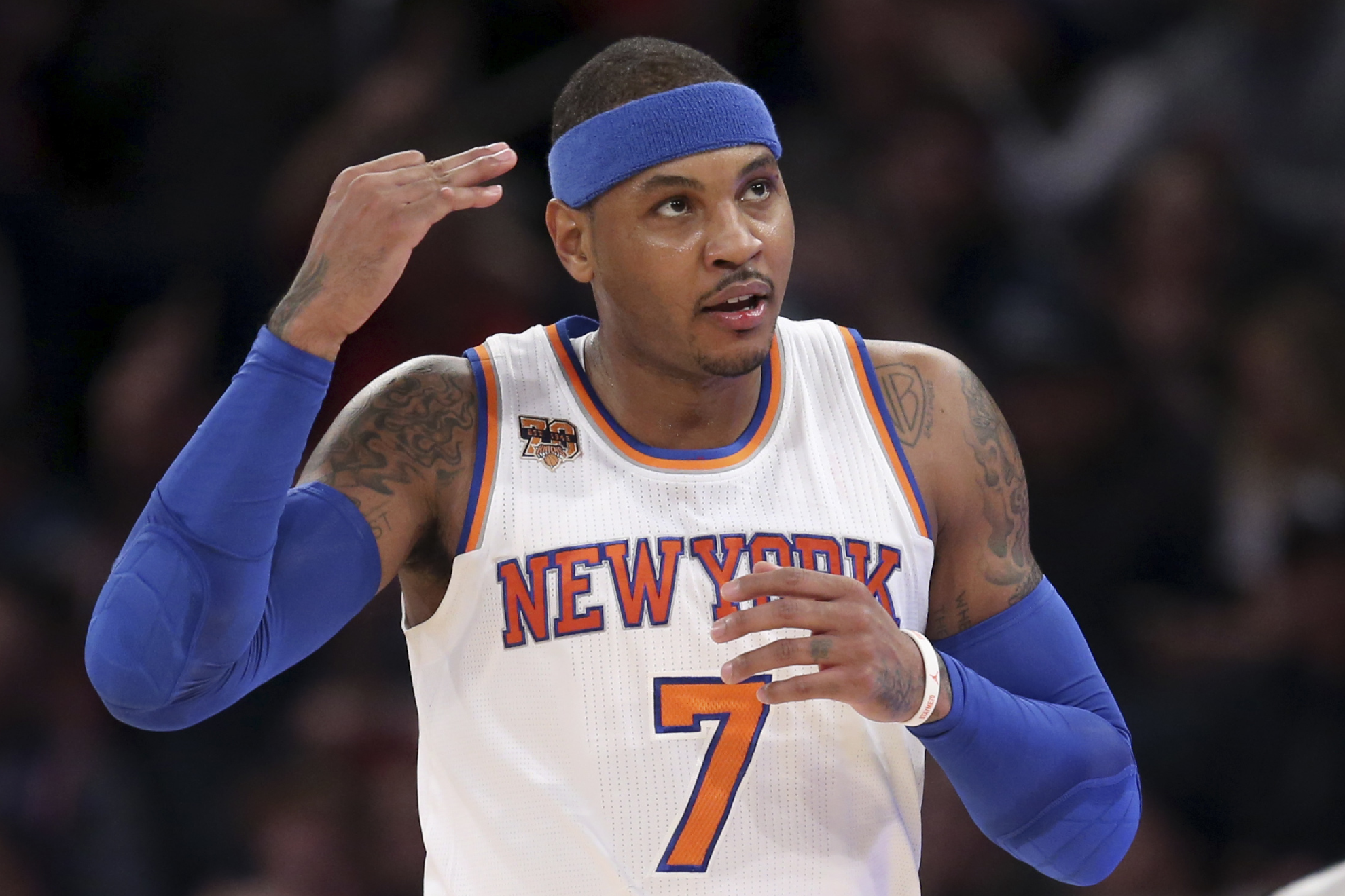 New York Knicks Carmelo Anthony reacts after hitting a three-point shot during the first half of the NBA basketball game against the Sacramento Kings, Sunday, Dec. 4, 2016 in New York. (AP Photo/Seth Wenig, File)