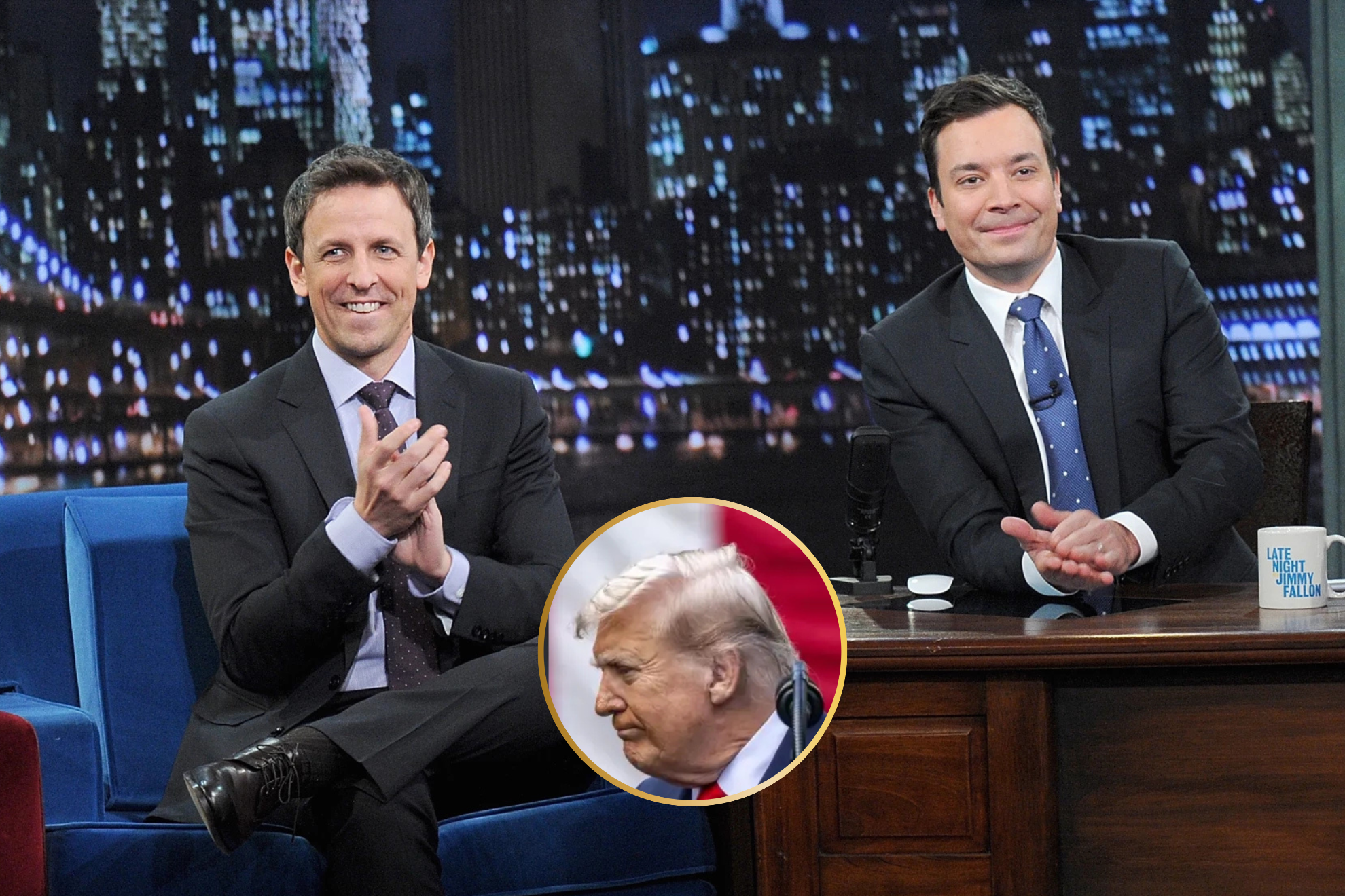 A montage featuring images of Meyers, Fallon, and Trump.