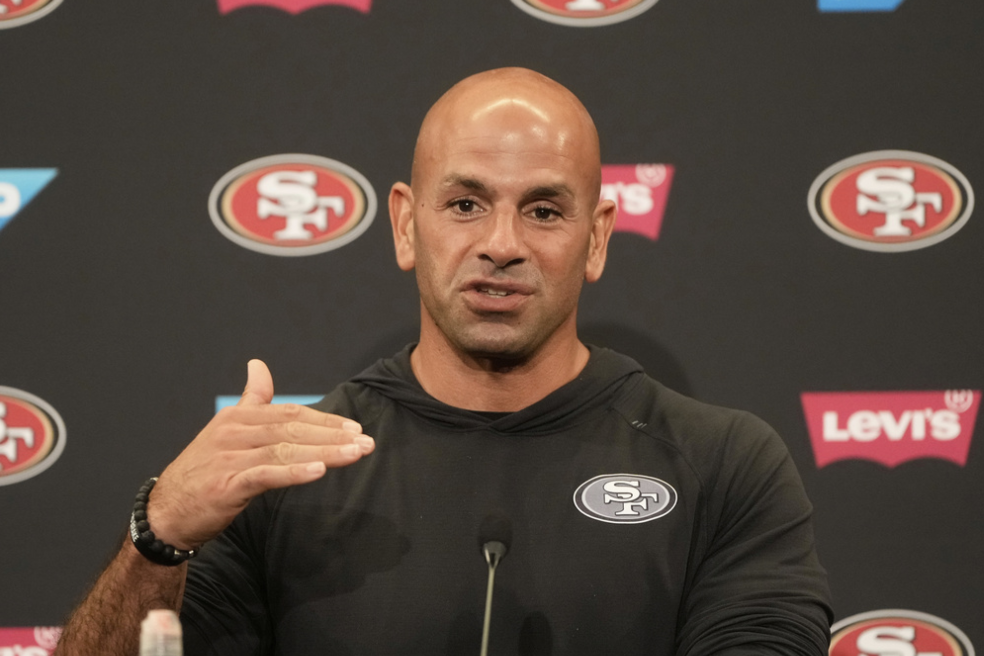 San Francisco 49ers defensive coordinator Robert Saleh speaks during a news conference after practice at the teams NFL football training camp, Thursday, July 24, 2025, in Santa Clara, Calif. (AP Photo/Jeff Chiu)