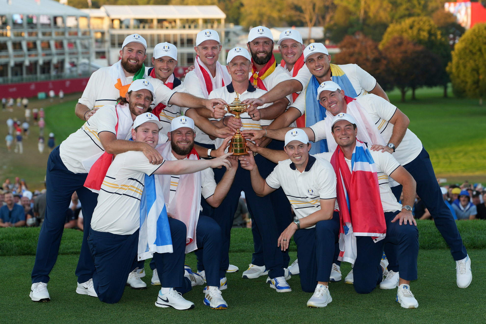 Europe poses with the trophy after winning the Ryder Cup golf tournament