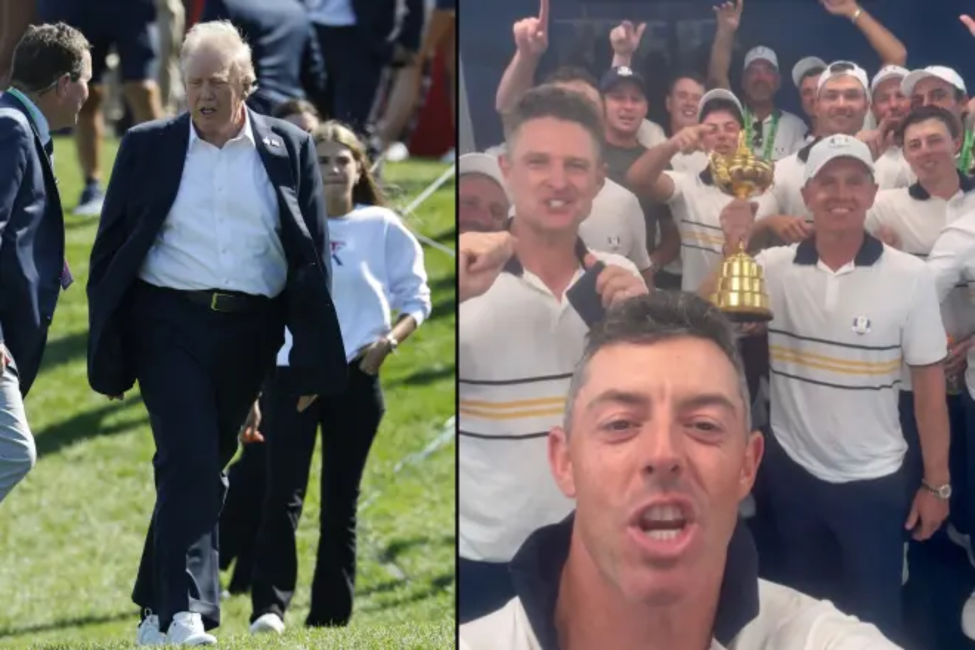 Donald Trump, at the Ryder Cup, and the European team after winning the tournament.