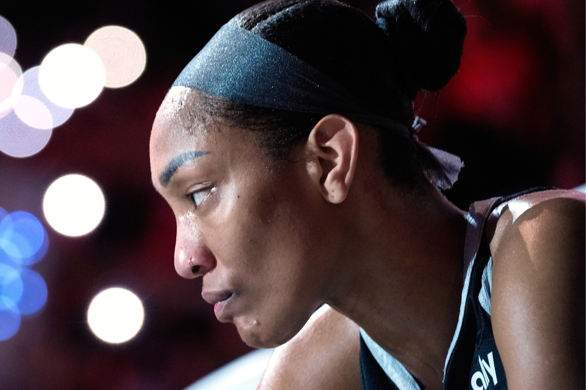Aja Wilson focuses on the task at hand before the Indiana Fever vs. Las Vegas Aces Game 5 in the WNBA postseason.