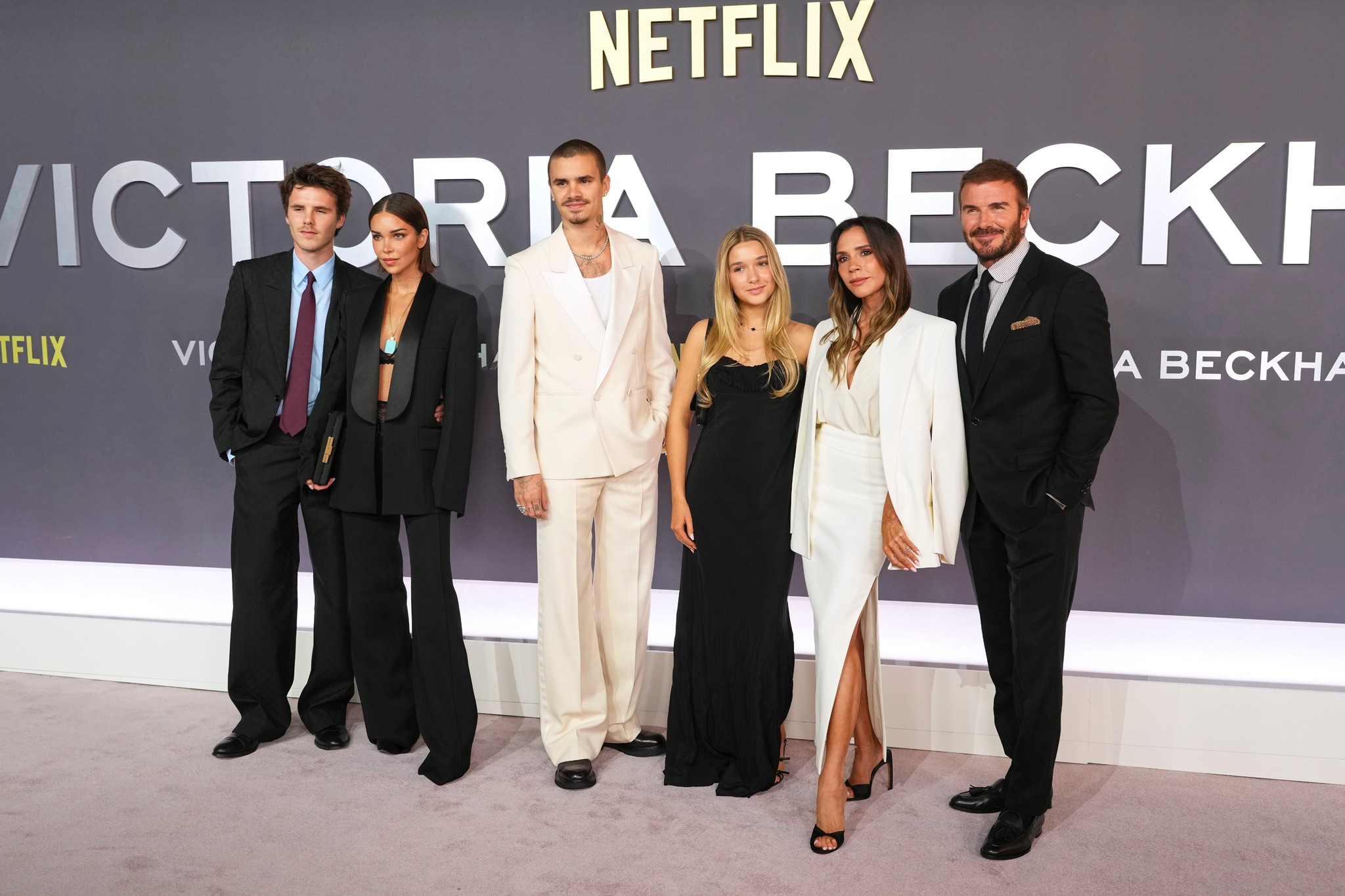 Cruz Beckham, from left, Jackie Apostel, Romeo Beckham, Harper Beckham, Victoria Beckham and David Beckham