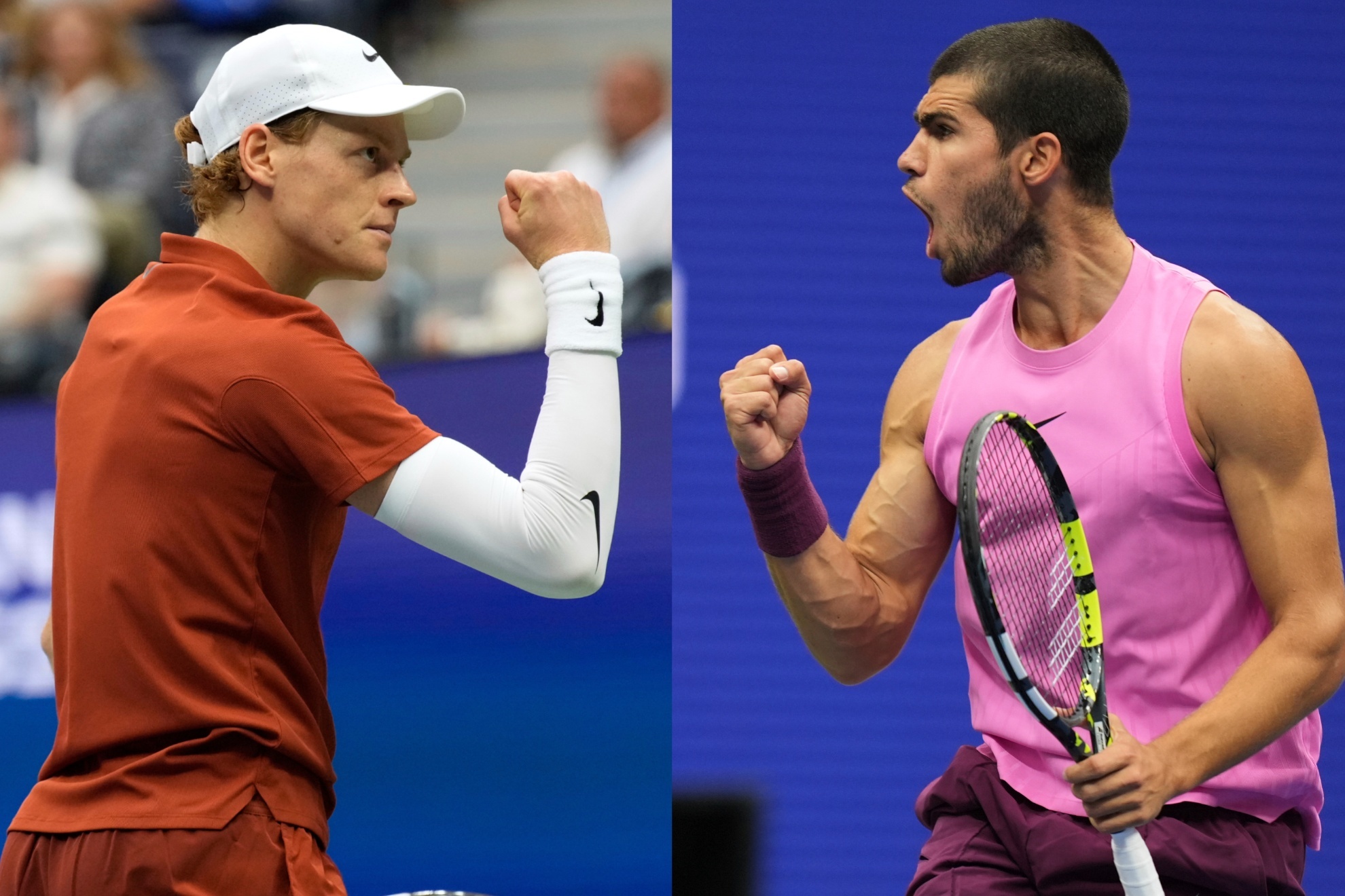 Jannik Sinner (L) will seek another victory over Carlos Alcaraz in the Six Kings Slam final.