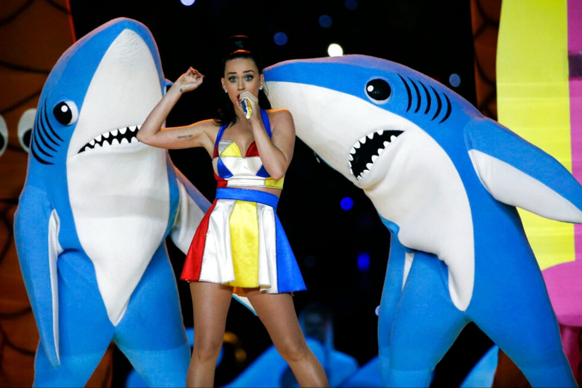 Trudeau recalls the iconic Katy Perry Super Bowl halftime show, with the blue sharks.