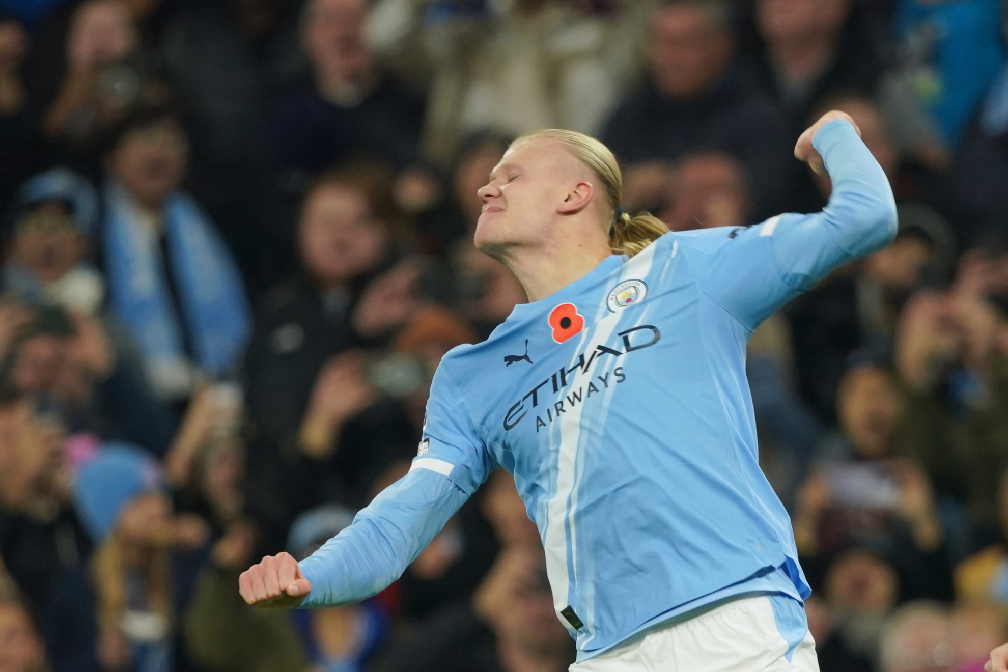 Manchester Citys Erling Haaland celebrates after scoring his sides second goal during the English Premier League soccer match between Manchester City and Bournemouth in Manchester, England, Sunday, Nov. 2, 2025.