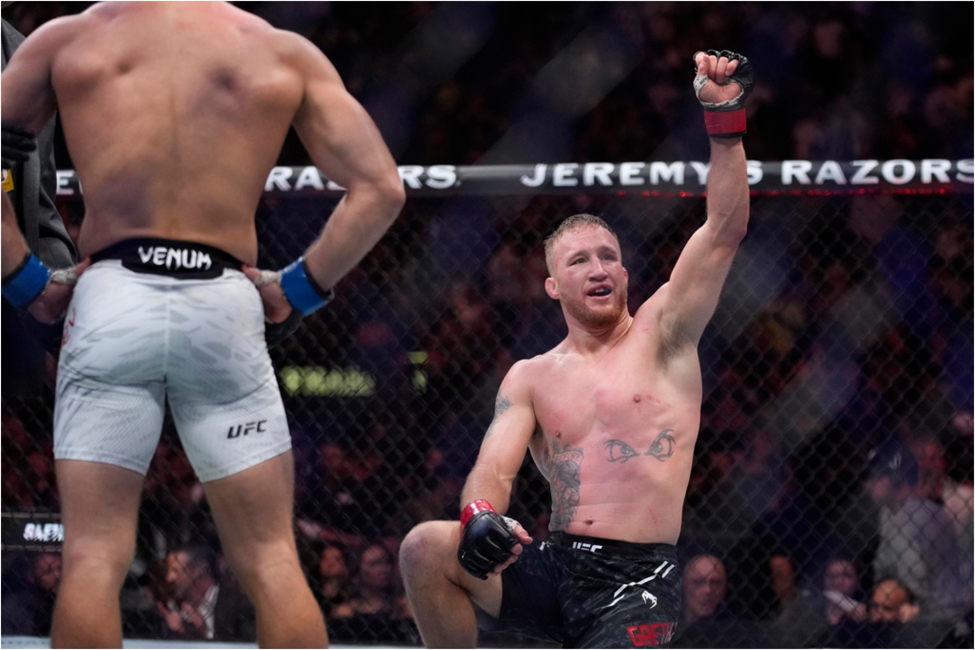 Justin Gaethje celebrates after defeating Rafael Fiziev during a UFC 313