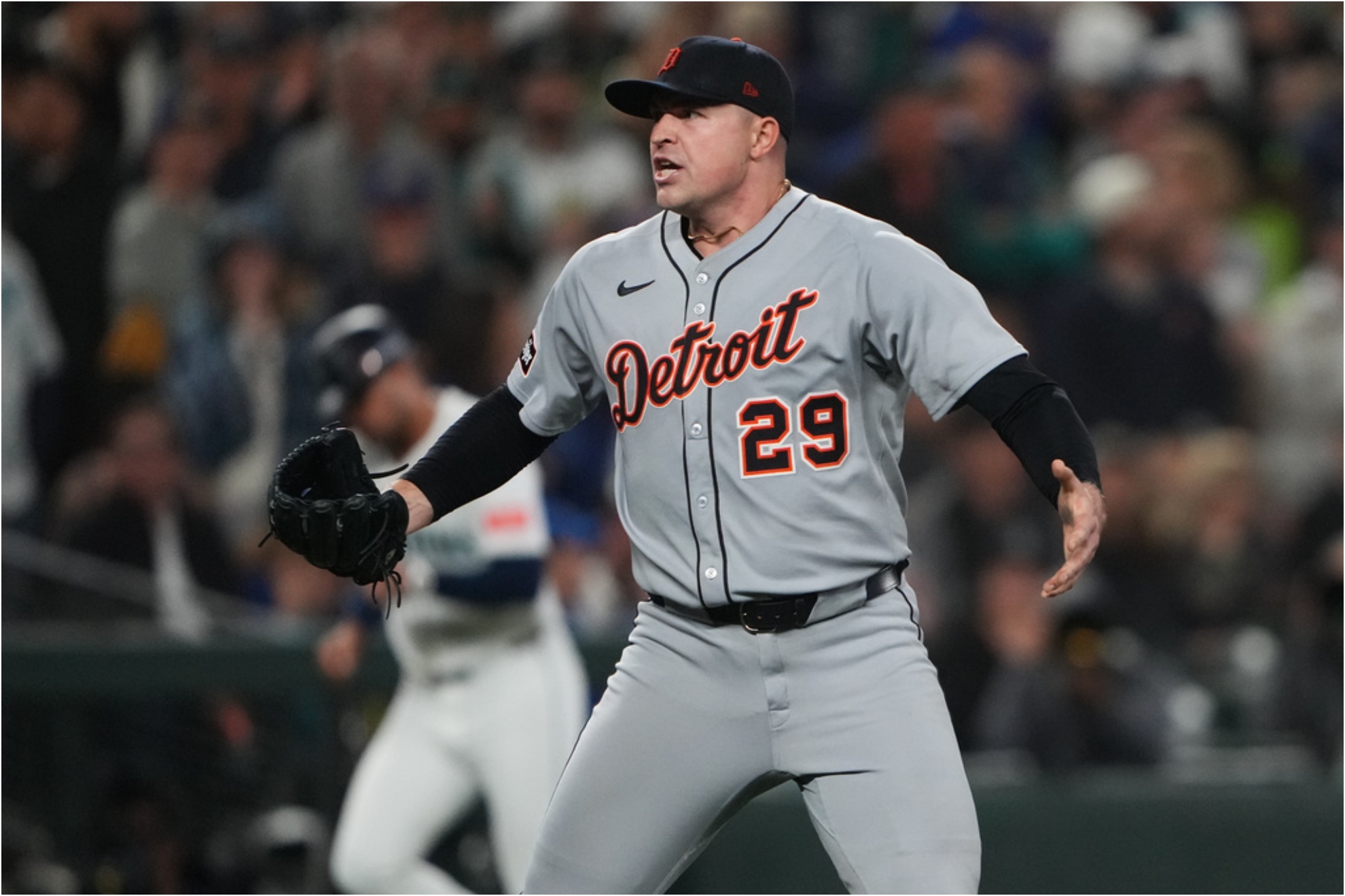 Detroit Tigers pitcher Tarik Skubal reacts.