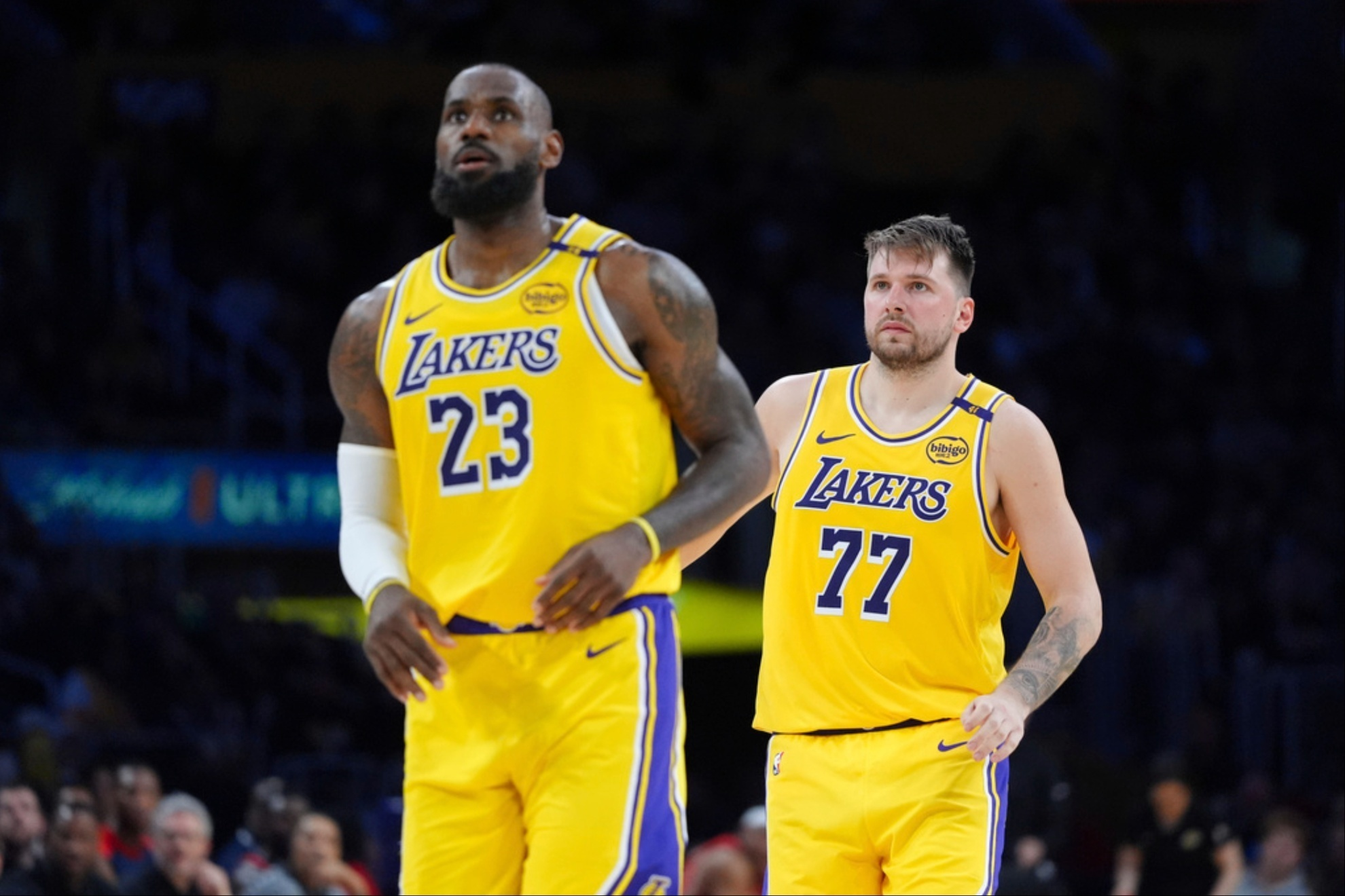 LeBron James (left) and Luka Doncic (right) of the Los Angeles Lakers
