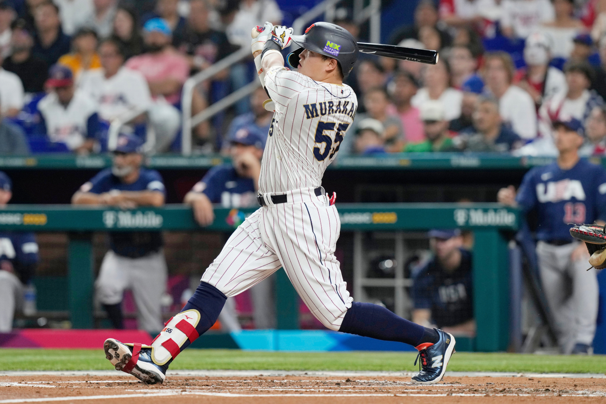 Japans Munetaka Murakami (55) hits a home run during the second inning a World Baseball Classic game against the United States, Tuesday, March 21, 2023, in Miami.