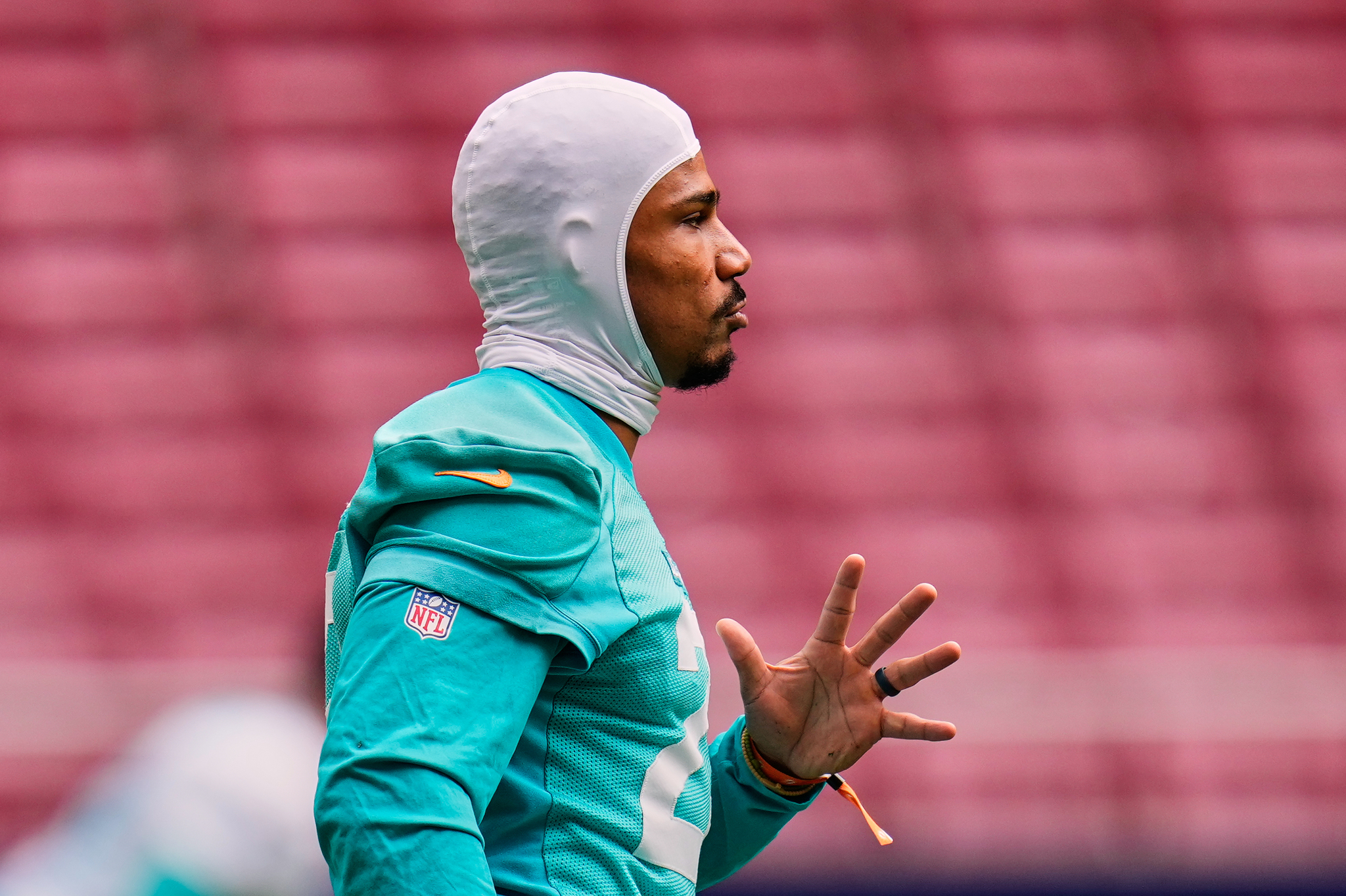 Miami Dolphins Jack Jones (23) attends a training session in Madrid