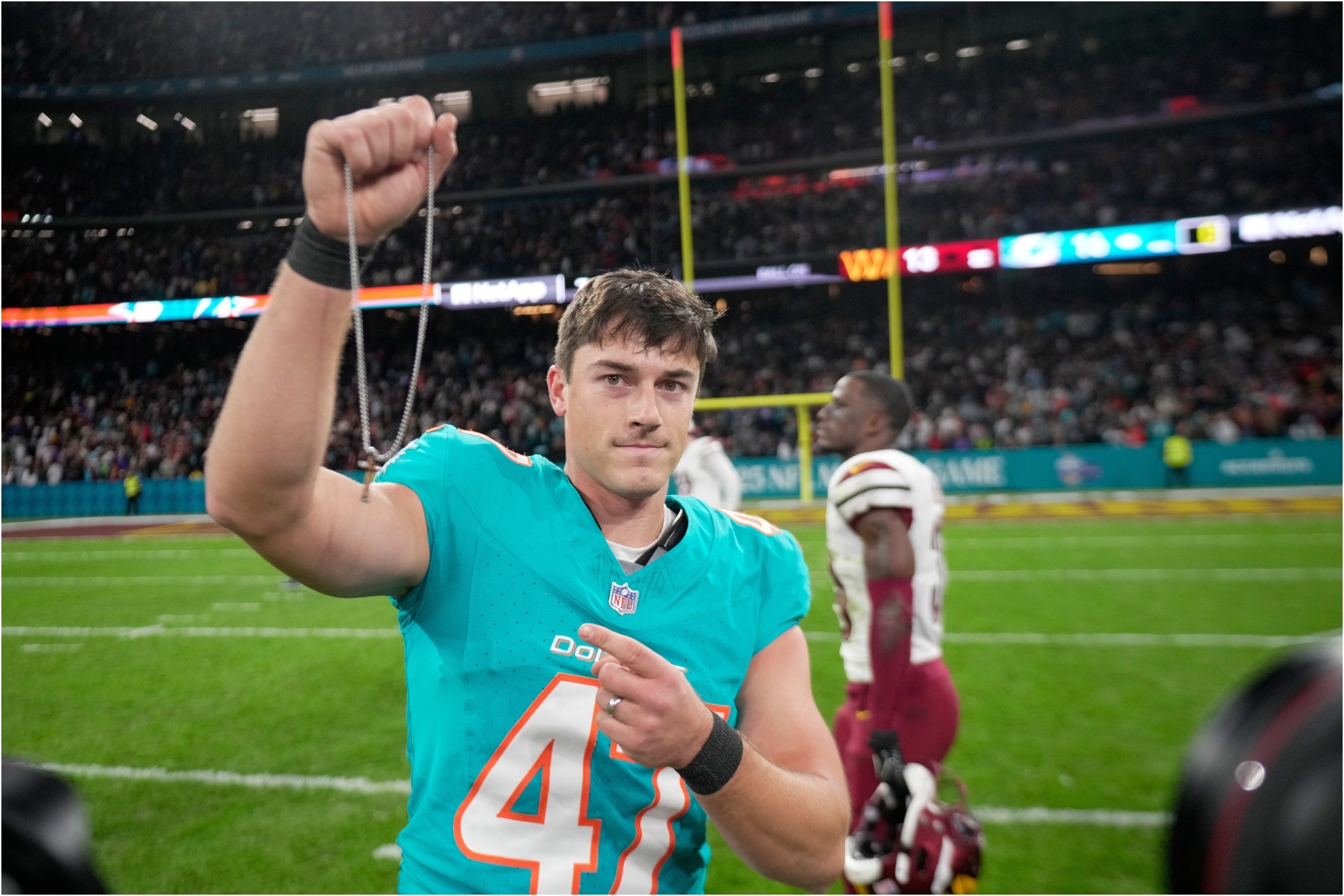 Miami Dolphins kicker Riley Patterson celebrates at Santiago Bernabeu Stadium.