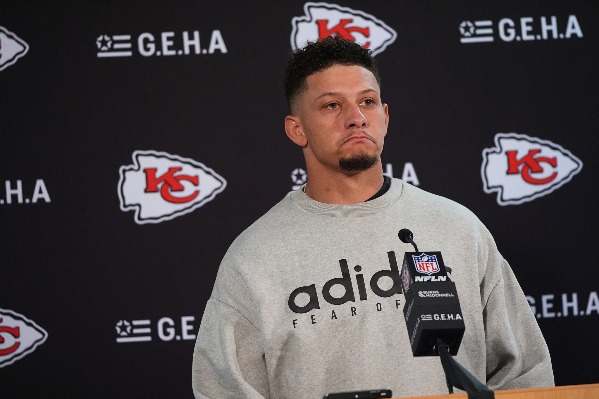 Kansas City Chiefs quarterback Patrick Mahomes during a news conference after an NFL football game against the Denver Broncos
