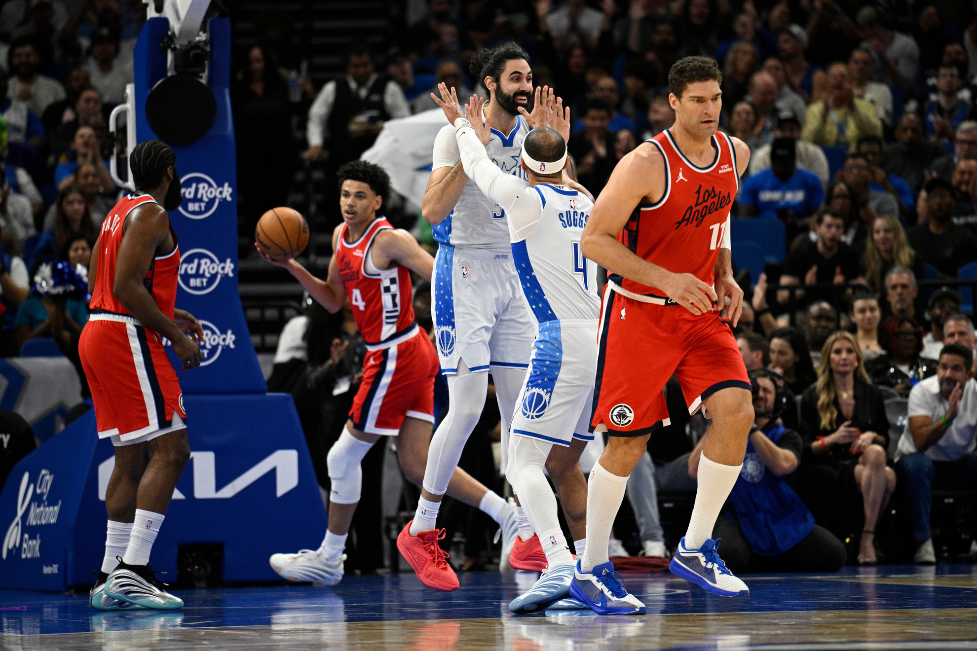 Orlando Magic center Goga Bitadze celebrates with Jalen Suggs against the Los Angeles Clippers