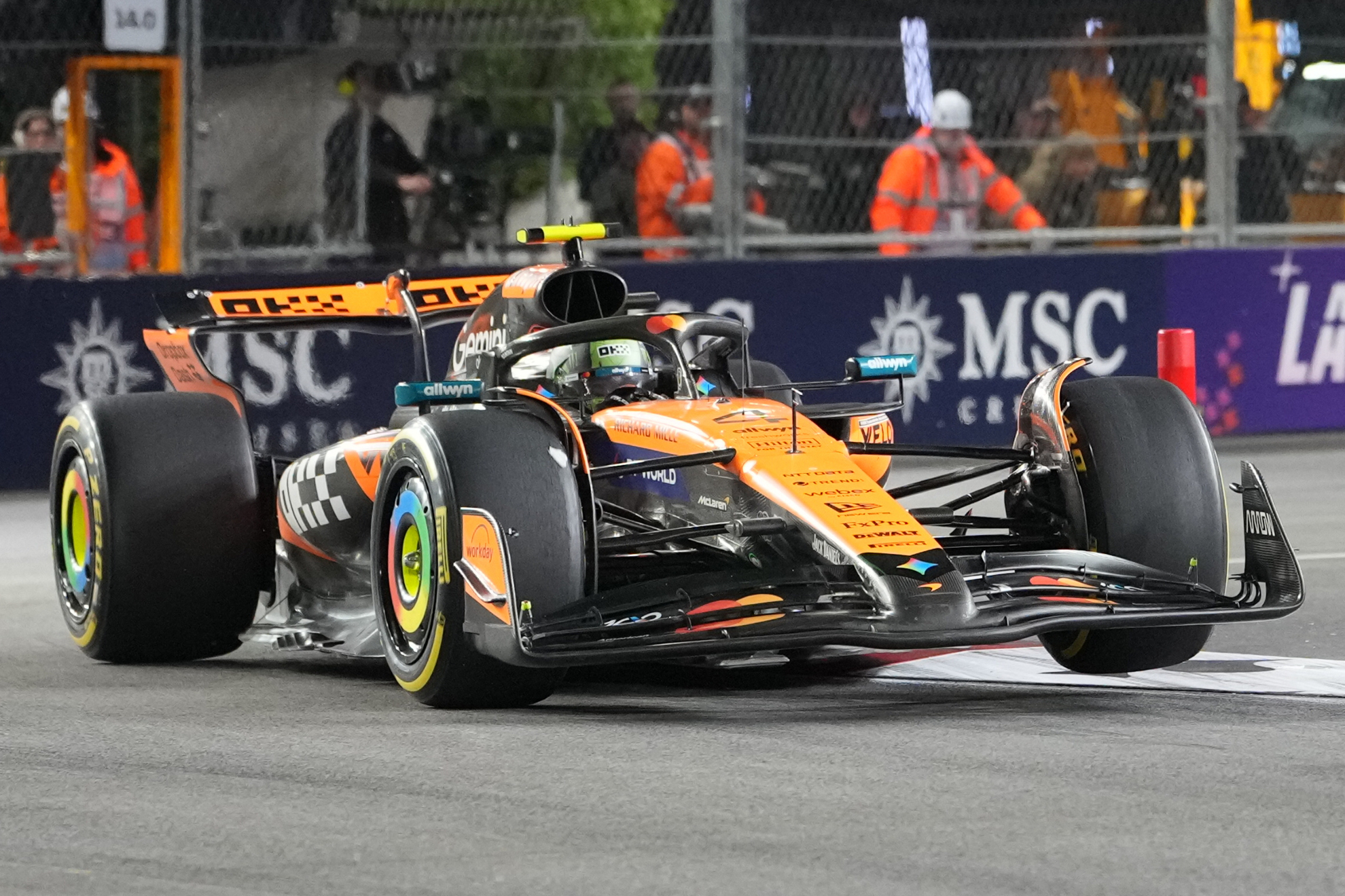 McLaren driver Lando Norris of Great Britain drives during the Formula One Las Vegas Grand Prix auto race, Saturday, Nov. 22, 2025 in Las Vegas.