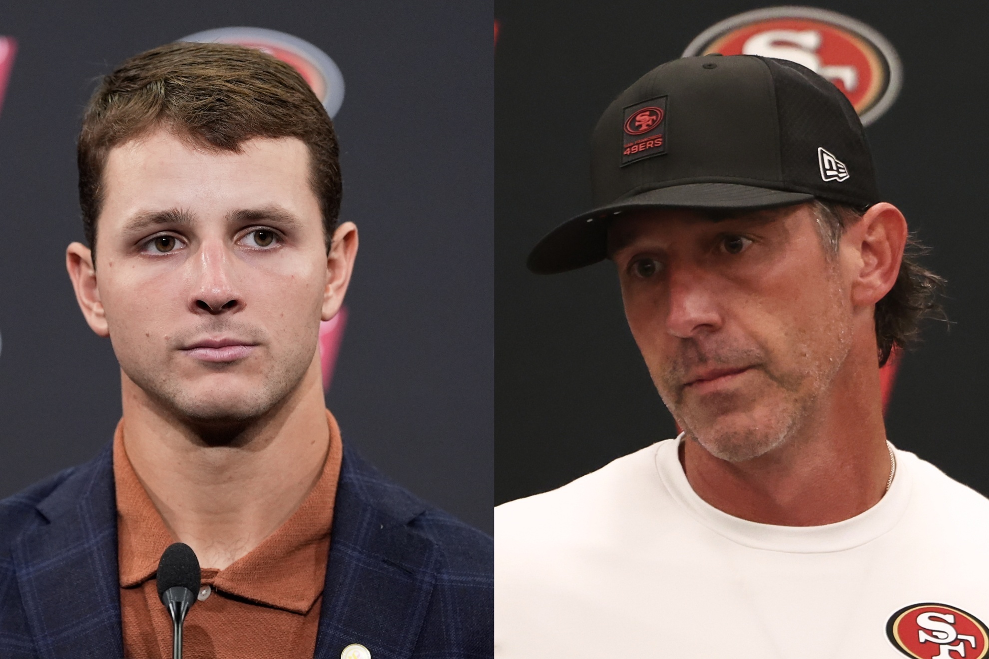 Kyle Shanahan (R) has finally had enough of Brock Purdys mistakes.