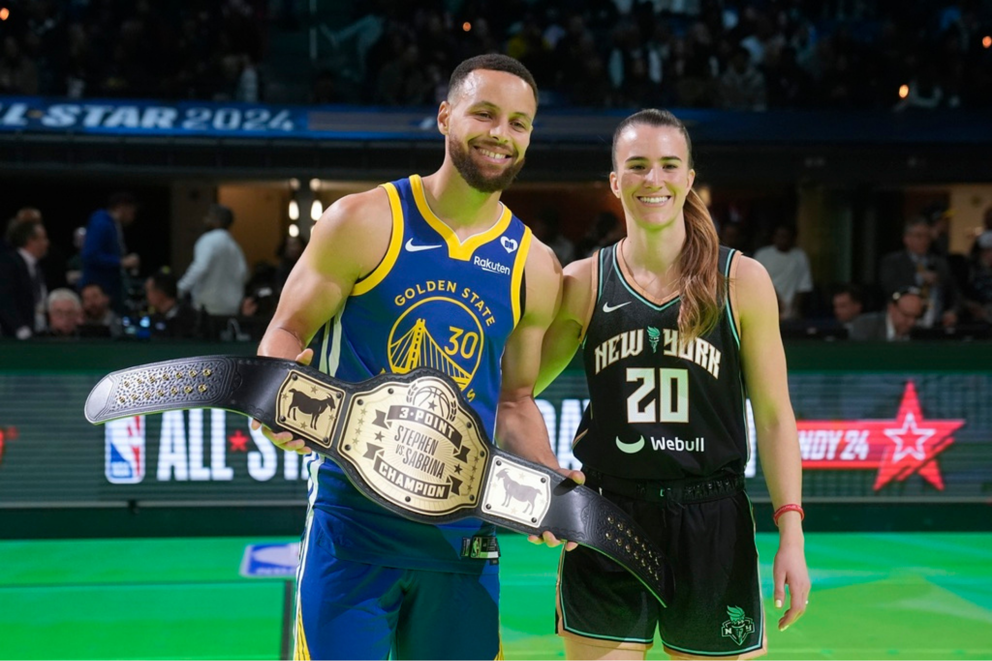 Golden State Warriors guard Stephen Curry and New York Liberty guard Sabrina Ionescu