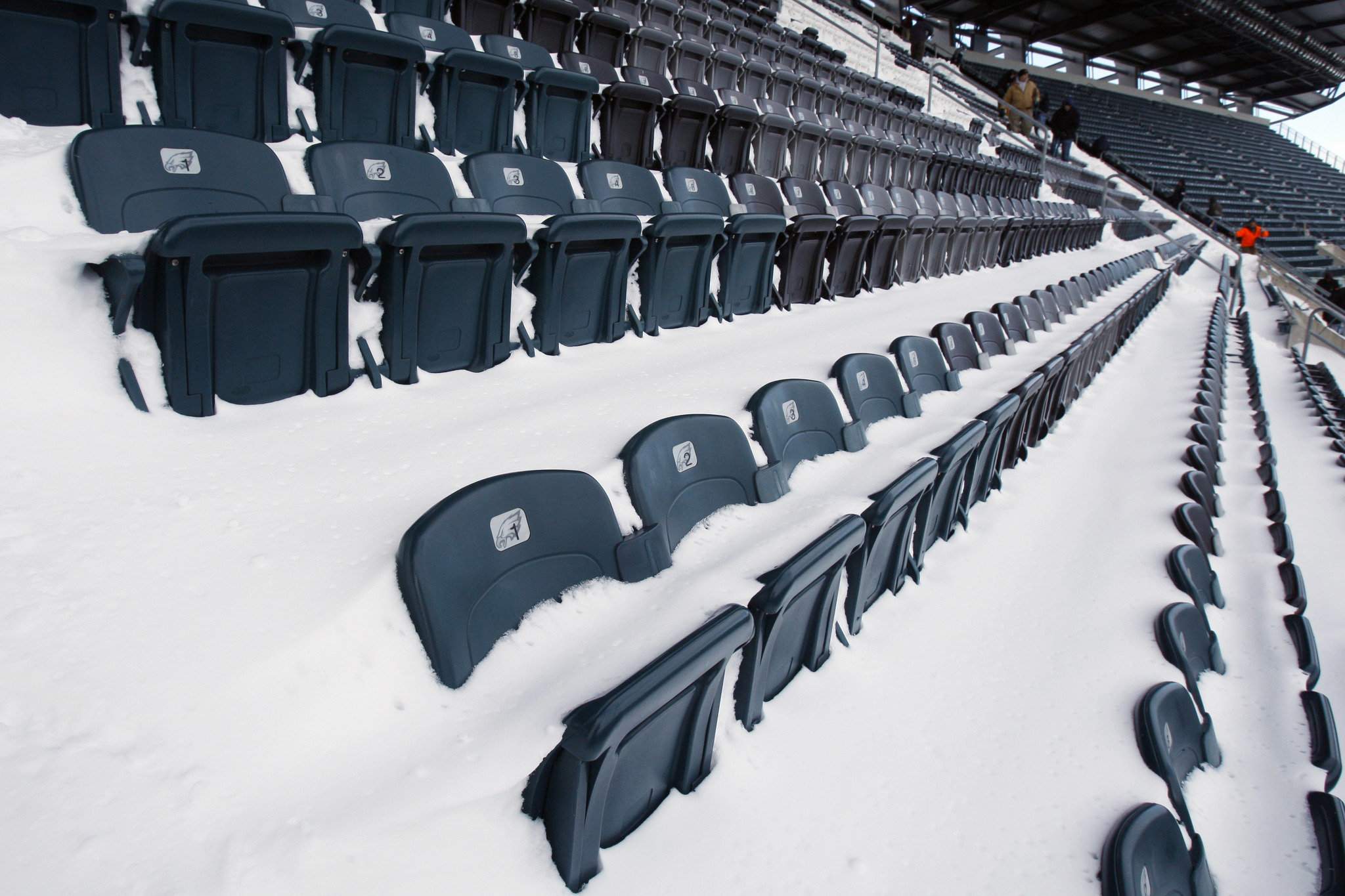 Snow-covered seats at Lincoln Financial Field