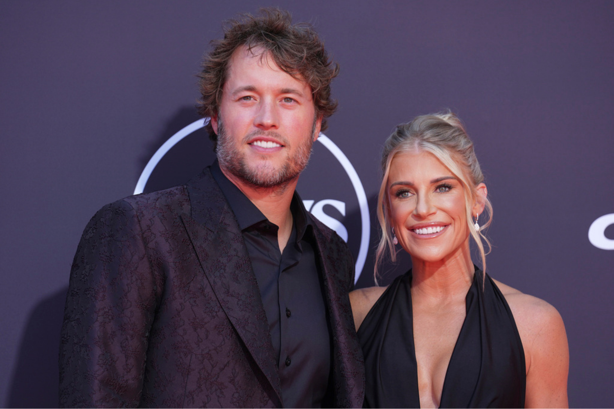 Matthew Stafford, left, and his wife, Kelly, arrive at the ESPY Awards at the Dolby Theatre in Los Angeles